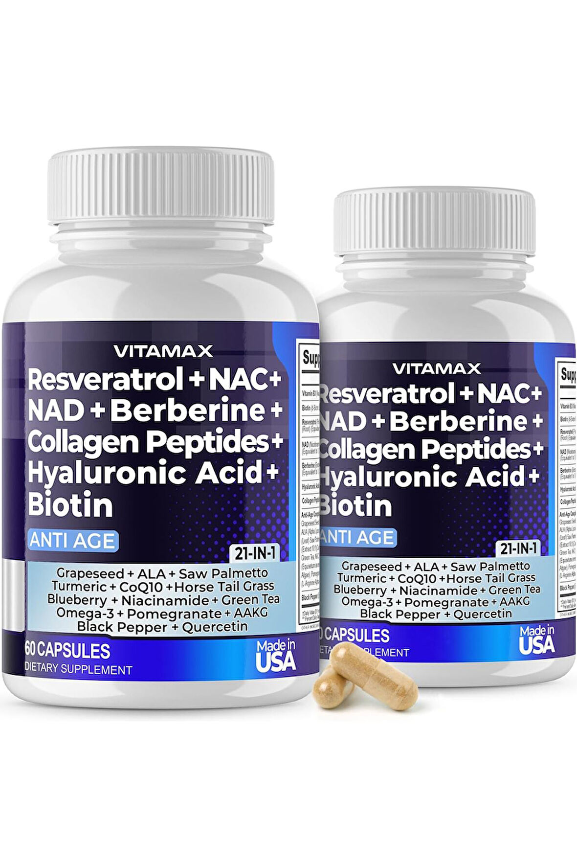 Vitamax Resveratrol + N.C + NAD + Berberine + Collegen Peptides + Hyaluronic Acid + Biy/otin   21 I