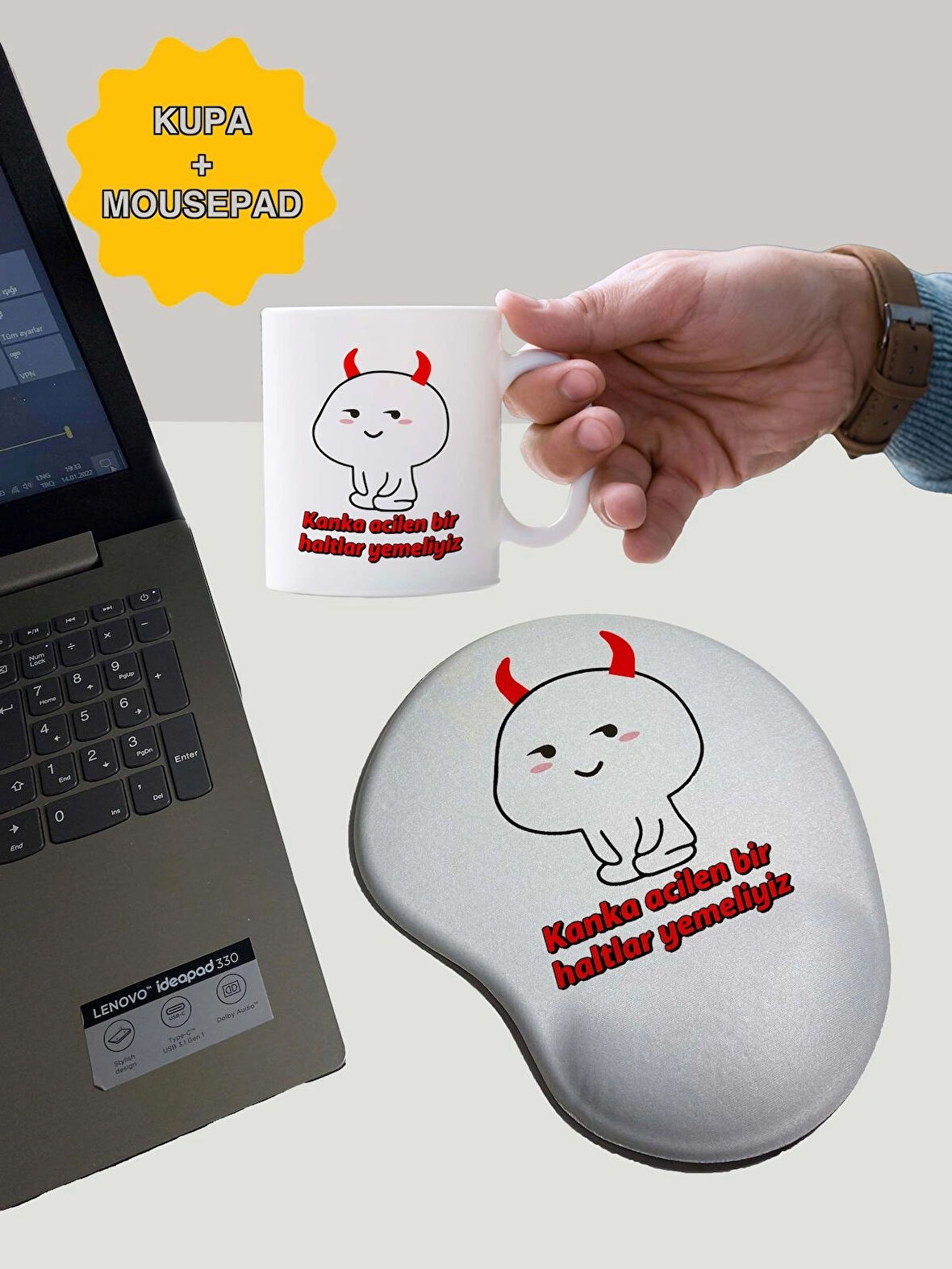 Rakkun Shop - Kanka Acilen Bir Haltlar Yemeliyiz Baskılı Bilek Destekli Mouse Pad + Kupa Bardak Mug