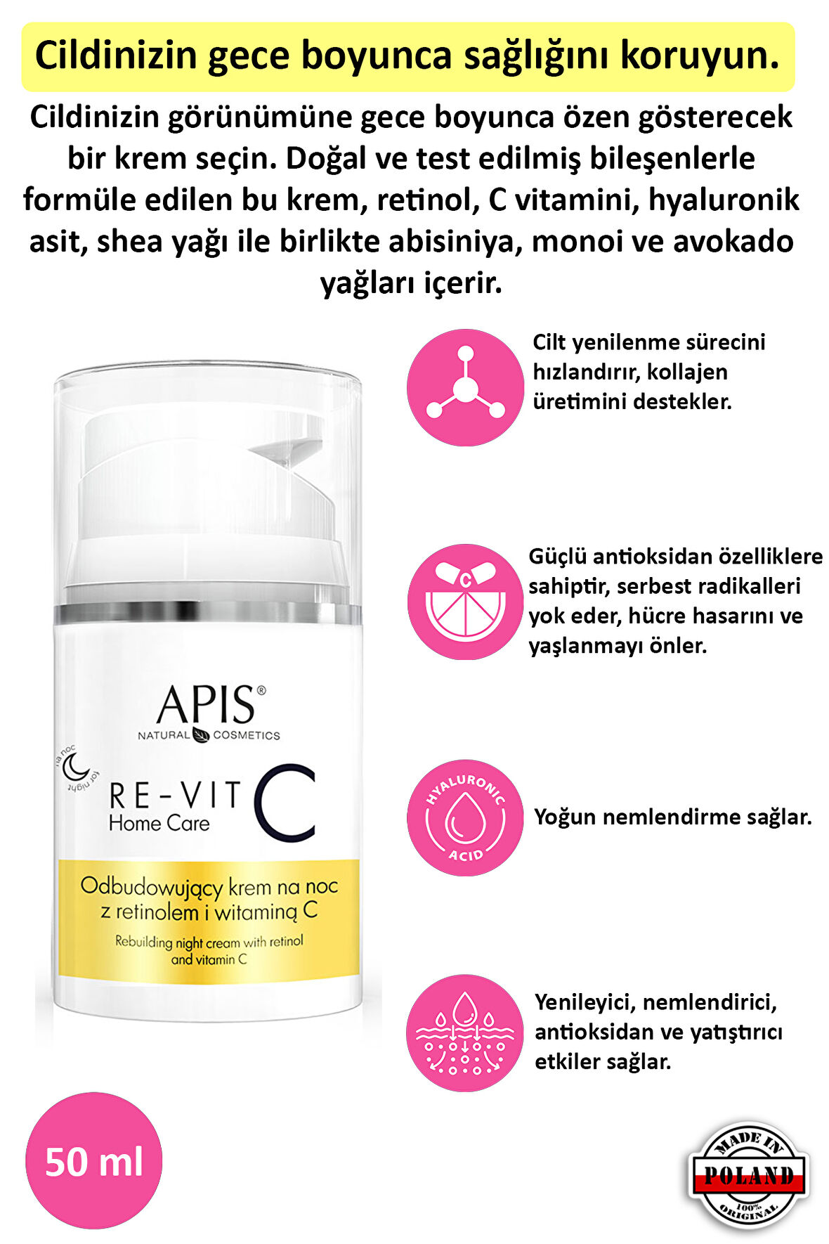 Gece Kremi Onarıcı Retinol ve C Vitaminli - 50ml