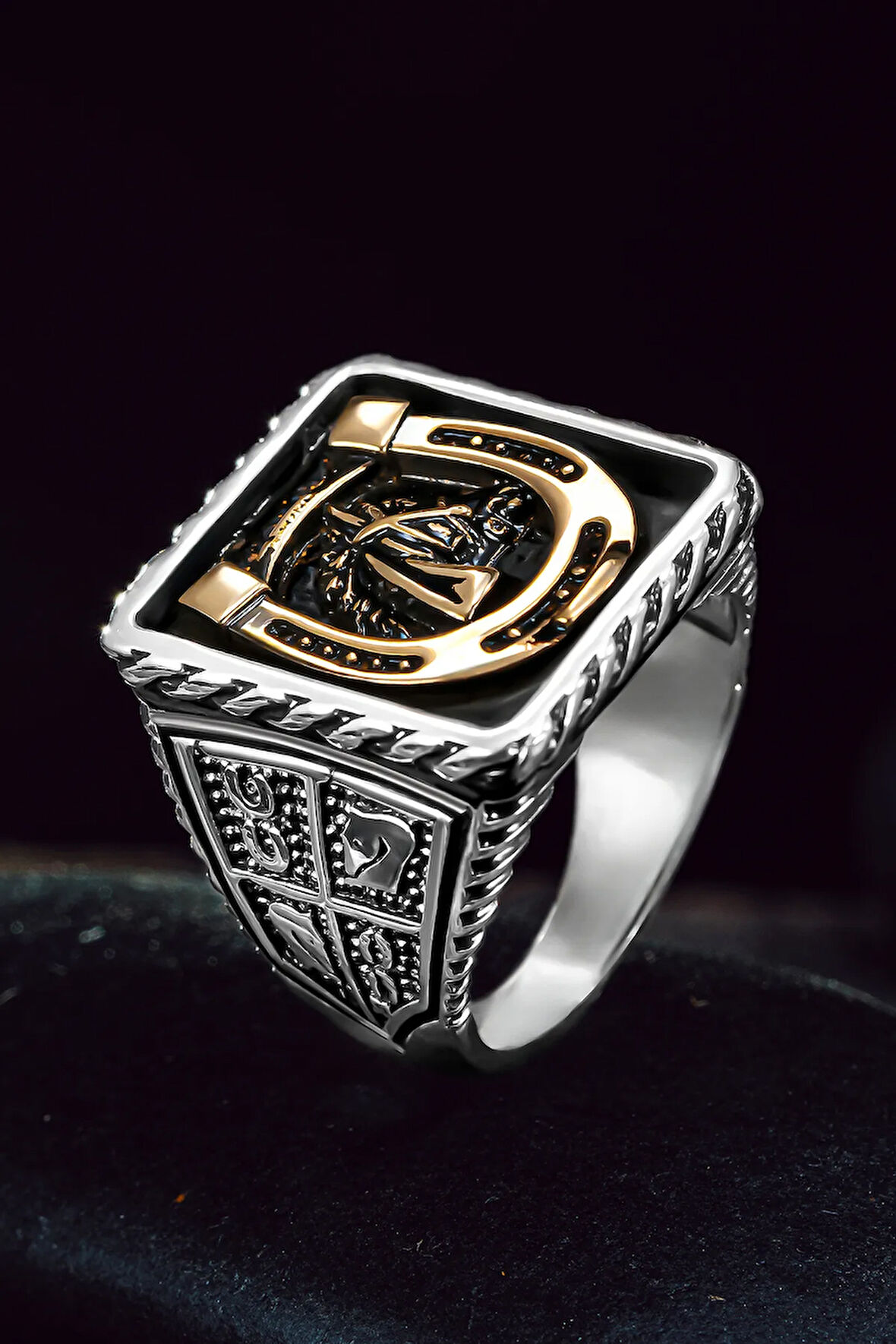 Erkek Gümüş Yüzük - Lüks Vintage At Kafası At Nalı Jokey Erkek Yüzük