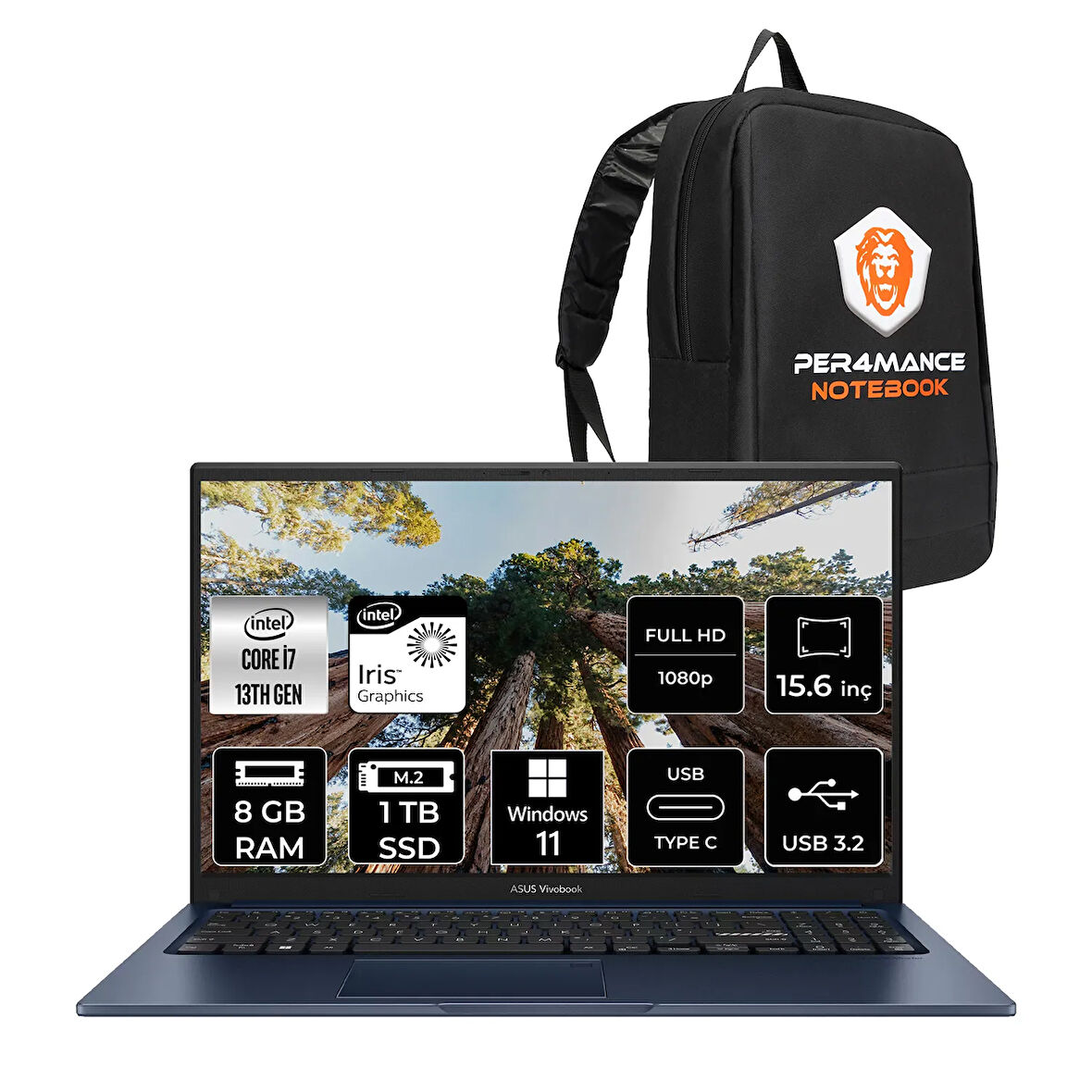 ASUS Vivobook 15 X1504VA i7 1355U 8GB RAM 1TB SSD 15.6'' FHD W11H Dizüstü Bilgisayar & PER4 ÇANTA