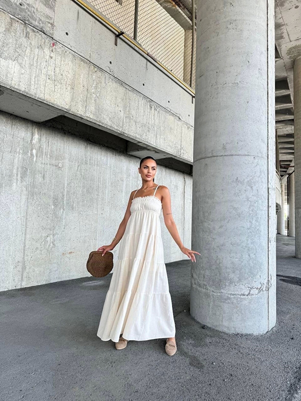 Dantelli askılı keten elbise s4310