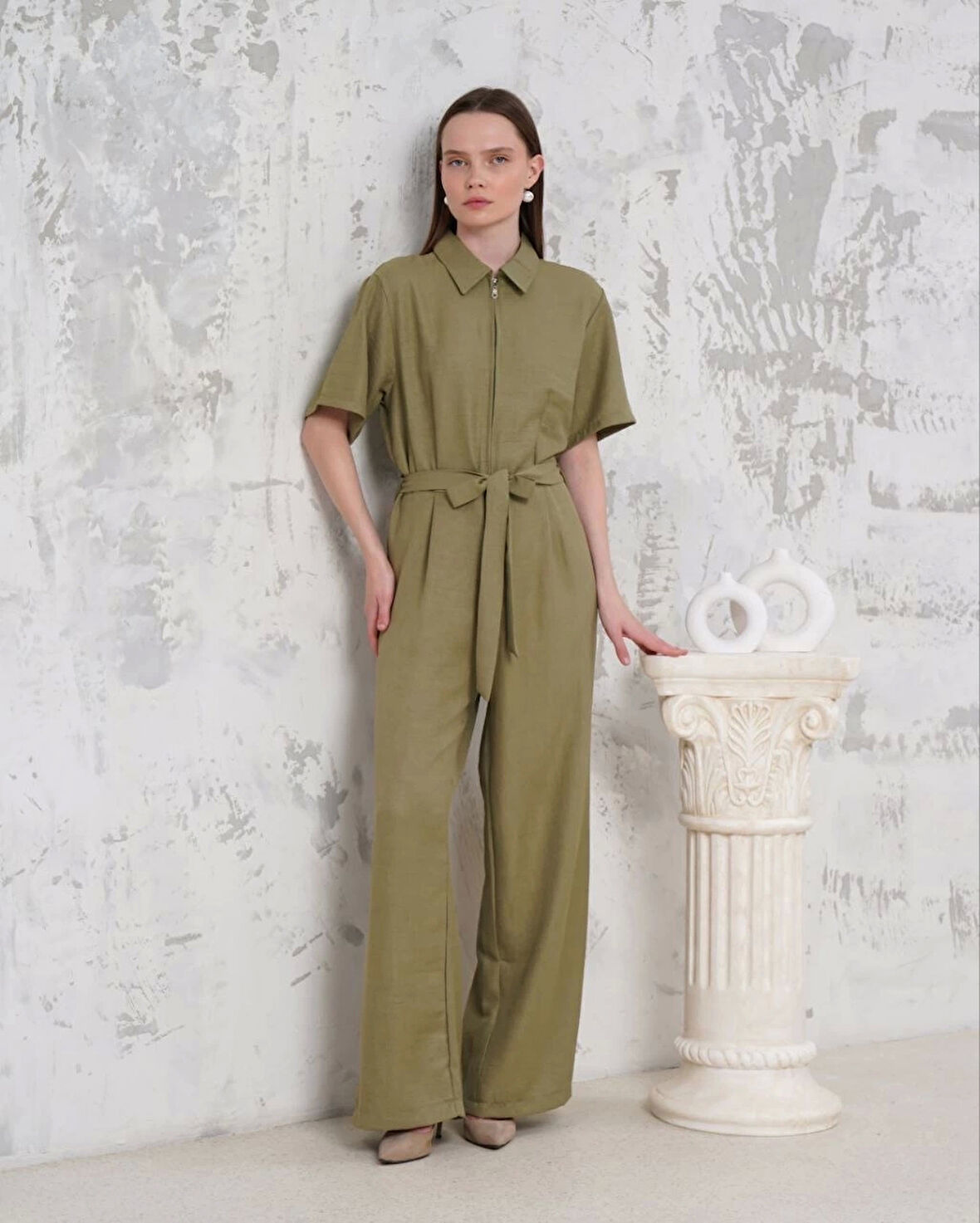 Kuşaklı gömlek yaka salaş tulum haki s255822