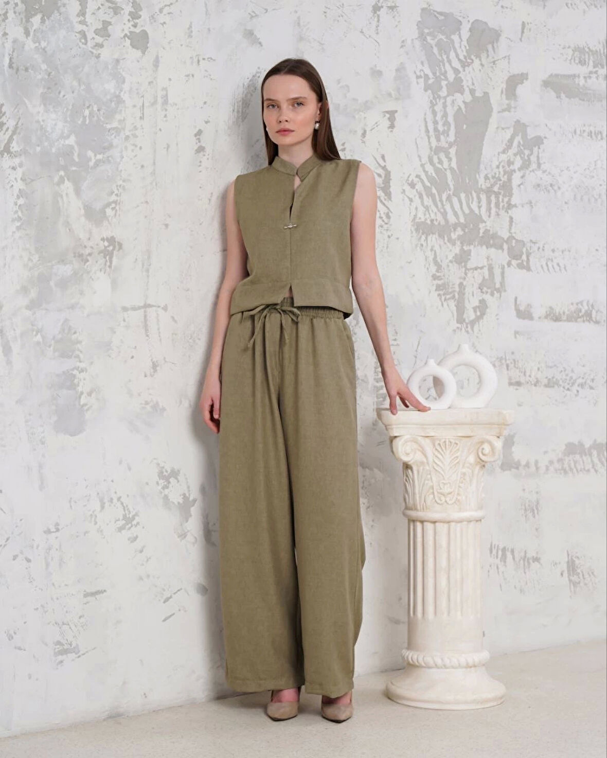 Broşlu yelek pantolon takım haki s255821