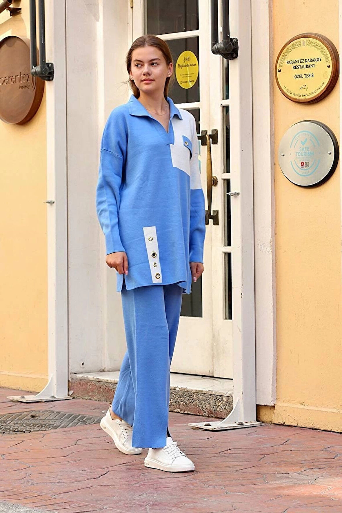 Kuş gözü triko takım Mavi