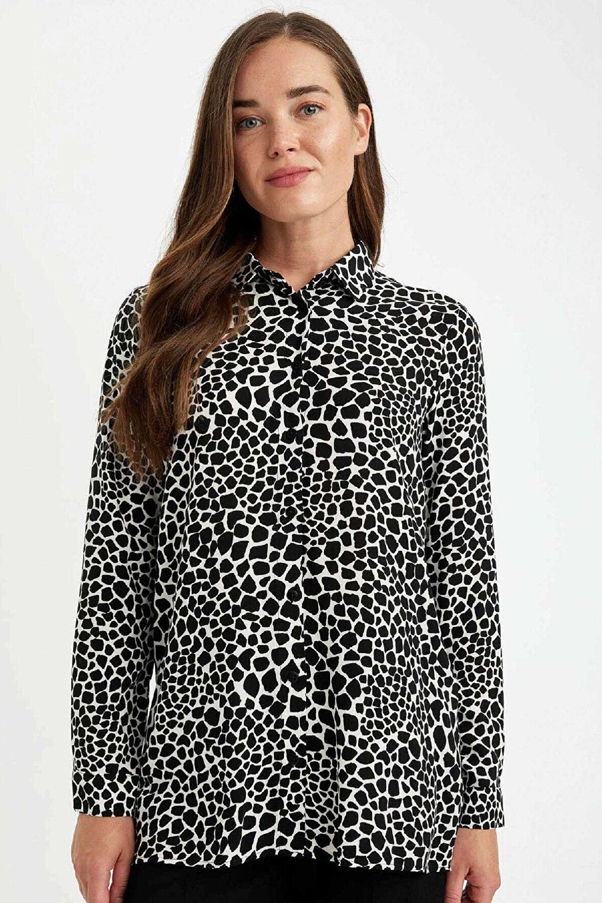 DeFacto Loose Fit Gömlek Yaka Desenli Uzun Kollu Gömlek Tunik T0609AZ24AUBK81