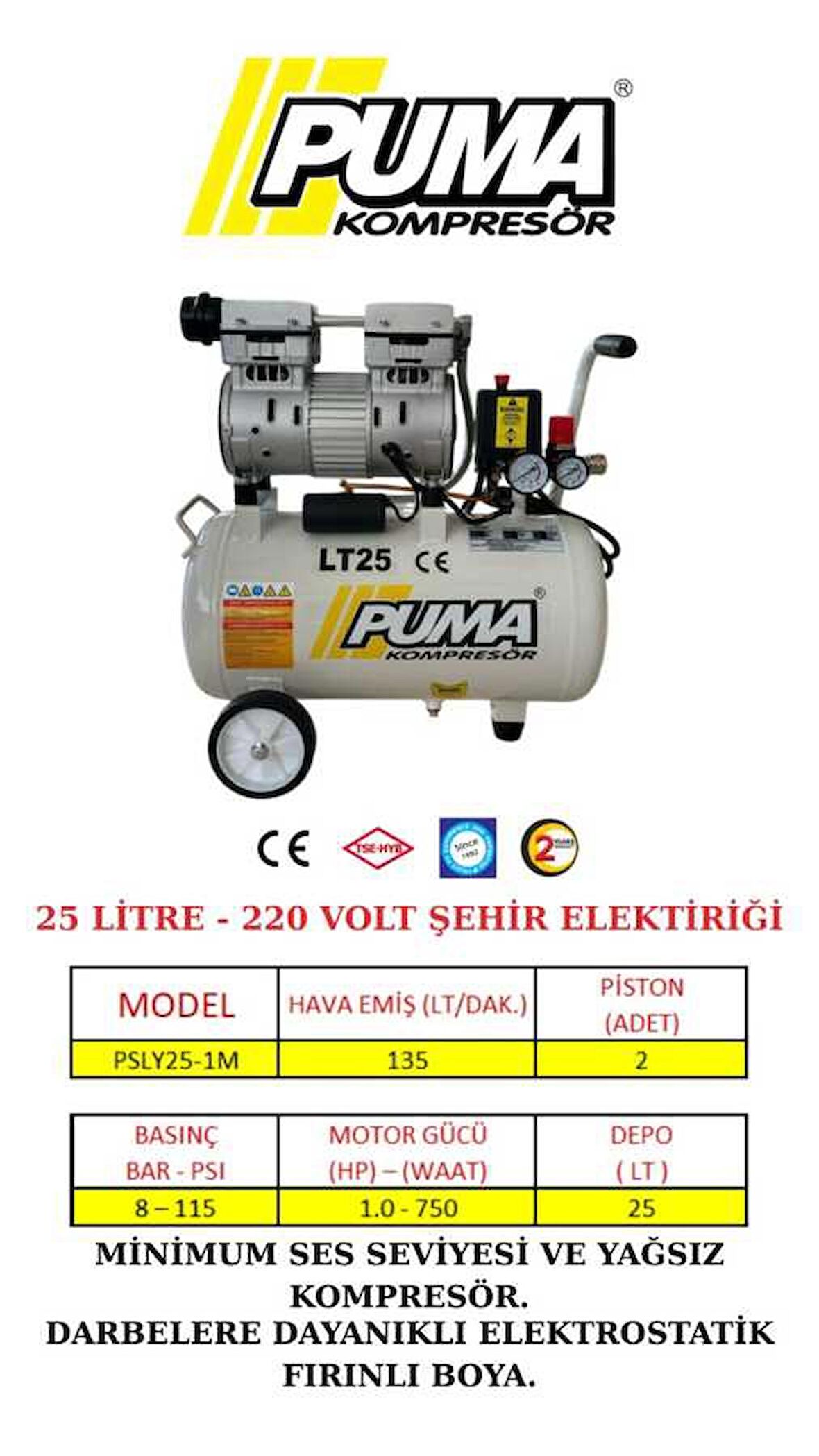 SESSİZ YAĞSIZ PİSTONLU KOMPRESÖR - 24 Lt - 1 HP - 8 Bar - Hava Üretimi: 135 Lt/dk. - 220 Volt