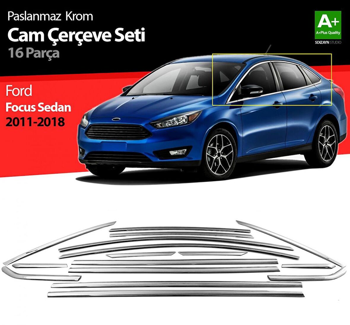 S-Dizayn Ford Focus 3 SD Krom Cam Çerçevesi 16 Prç 2011-2018