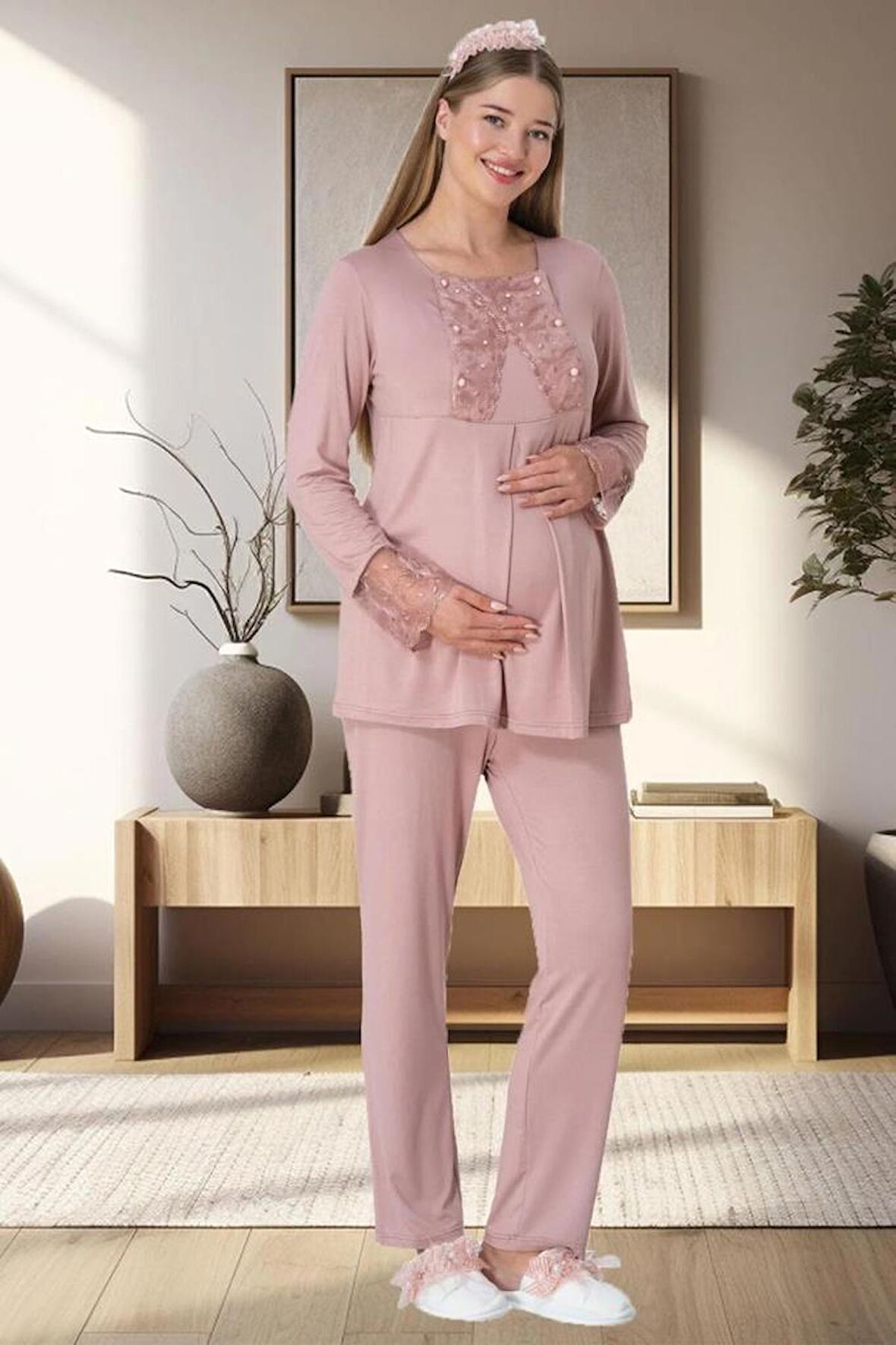 Mecit 5911 Pudra Peluş  3 Lü Pijama Sabahlık Tk