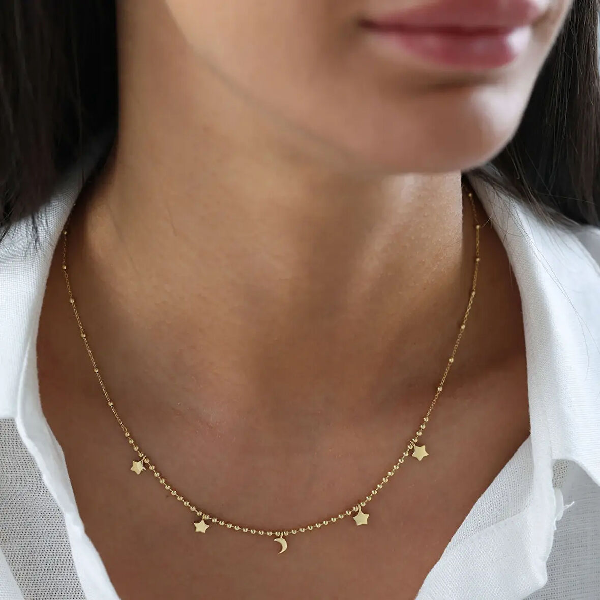 Nisera Charm Sallantılı Ay ve Yıldız Altın Kolye