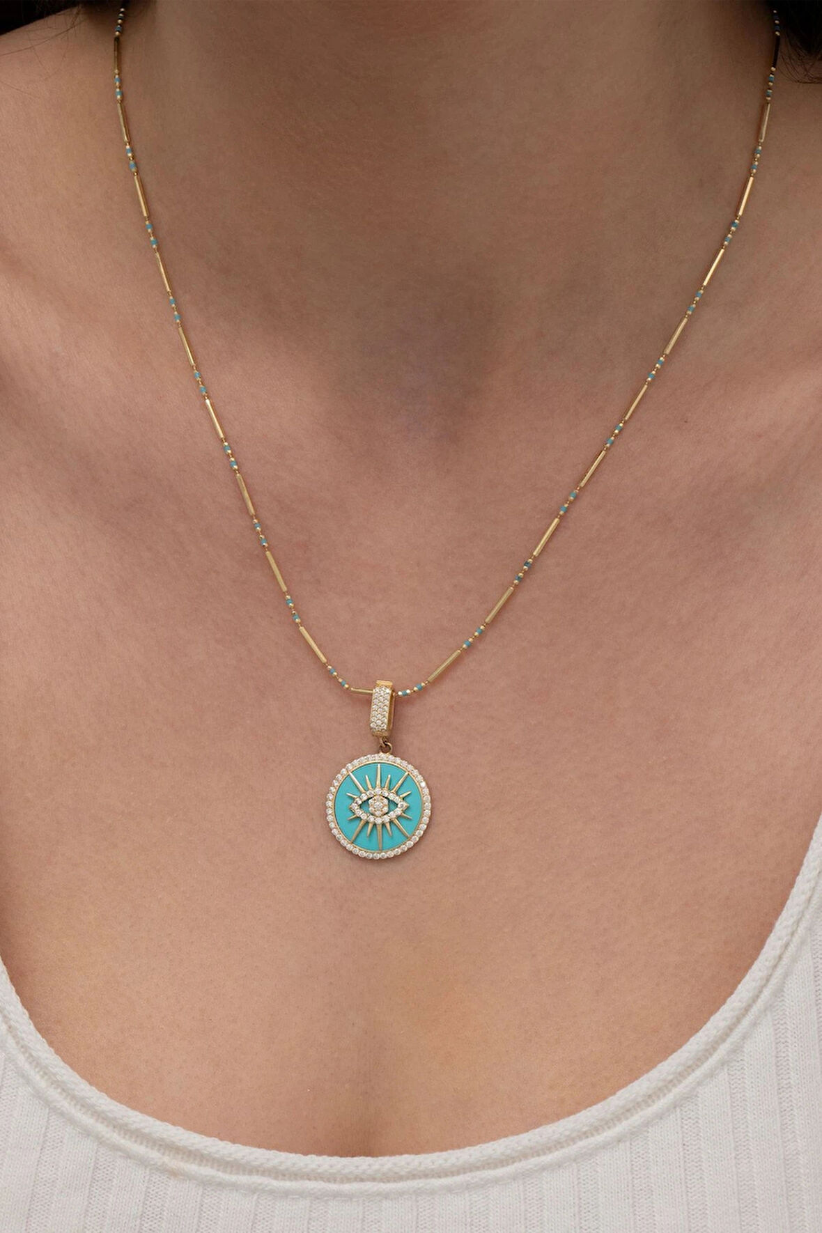 Yuvarlak Kirpik Mavi Mineli Altın Kolye Ucu