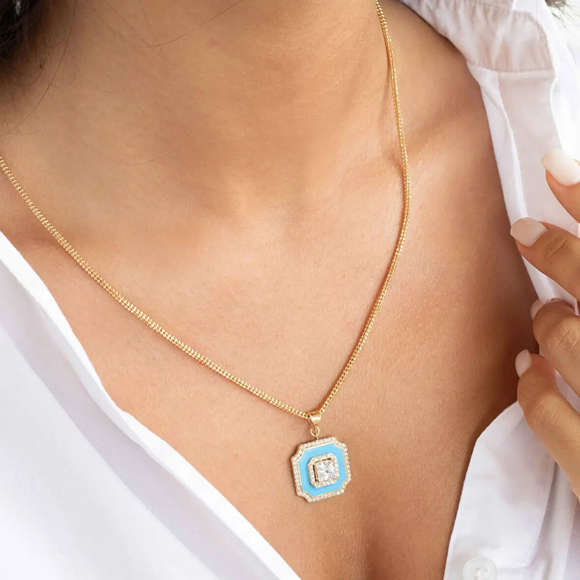 Mavi Mineli Baget Altın Kolye Ucu