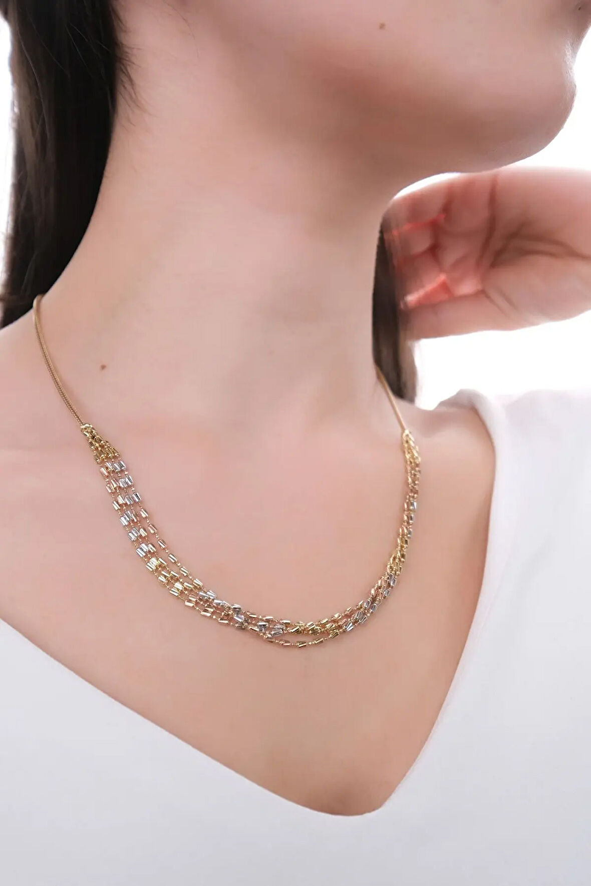 14 Ayar Üç Renk Üç Sıra Dorika Self Kolye