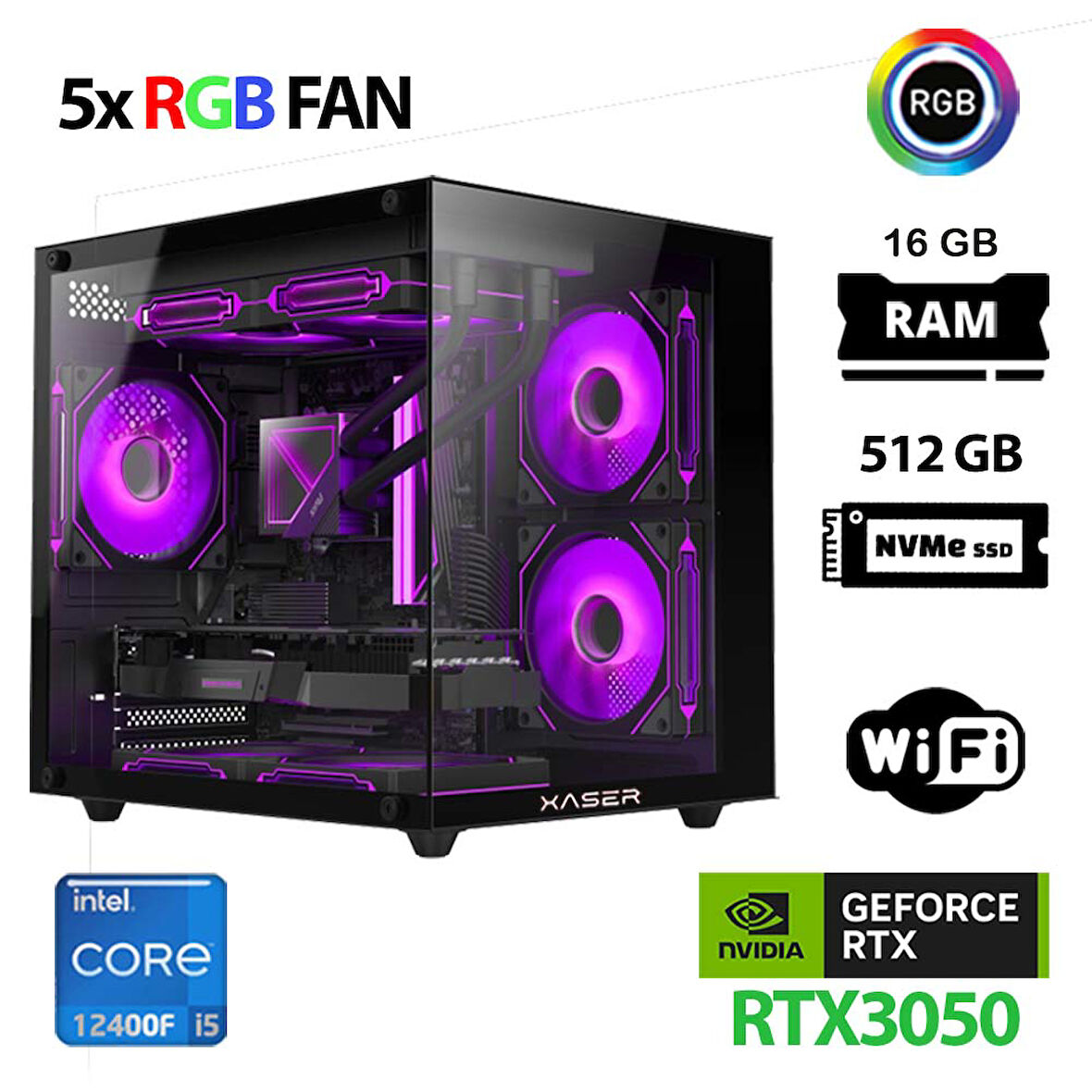 Xaser Cube X170 i5 12400F 16GB Ram 512GB M.2 NVMe SSD 6GB RTX3050 Masaüstü Oyuncu Bilgisayarı
