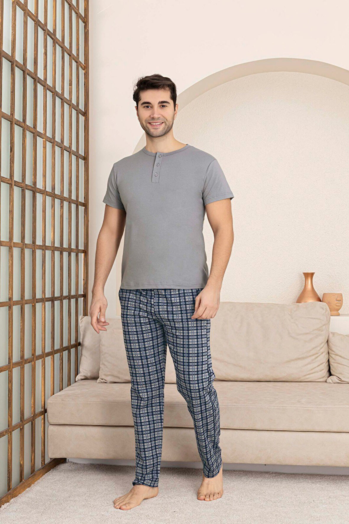Erkek Ekose Desen 3 Düğmeli Bisiklet Yaka Modal Yazlık Kısa Kol Cepli Pijama Takımı