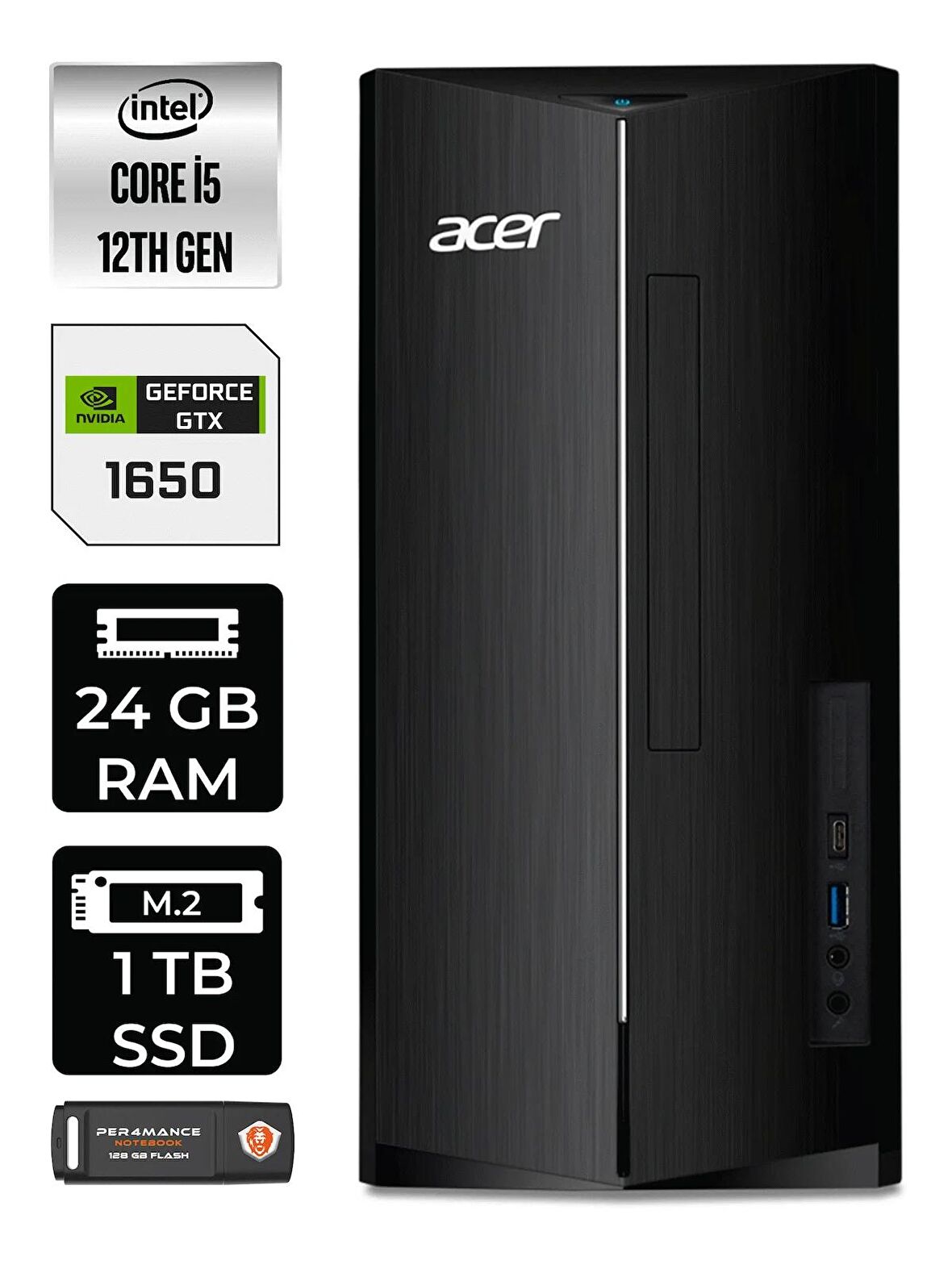 ACER ASPİRE i5 12400 24GB RAM 1TB SSD GTX1650/4GB W11PRO DT.BHUEM.005 MASAÜSTÜ PC & PER4 BELLEK