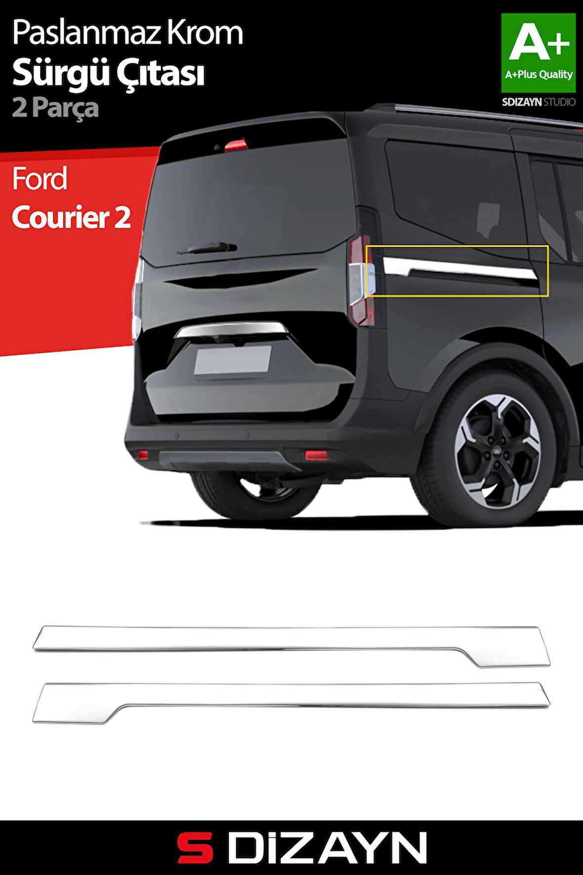 S-Dizayn Ford Courier Krom Sürgülü Kapı Çıtası 2 Prç. 2023 Üzeri A+ Kalite