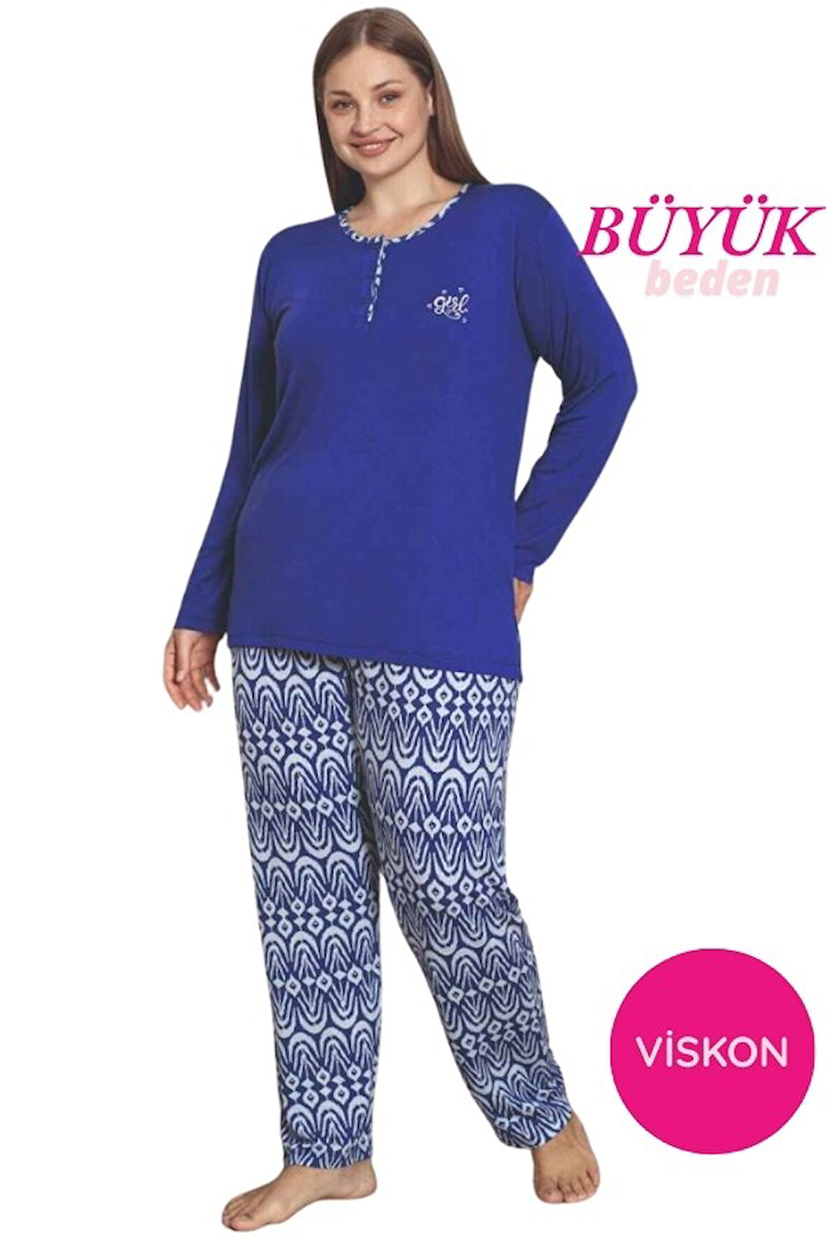 Kadın Etnik Desen 3 Düğmeli Likralı Viskon Mevsimlik Uzun Kol Pijama Takımı