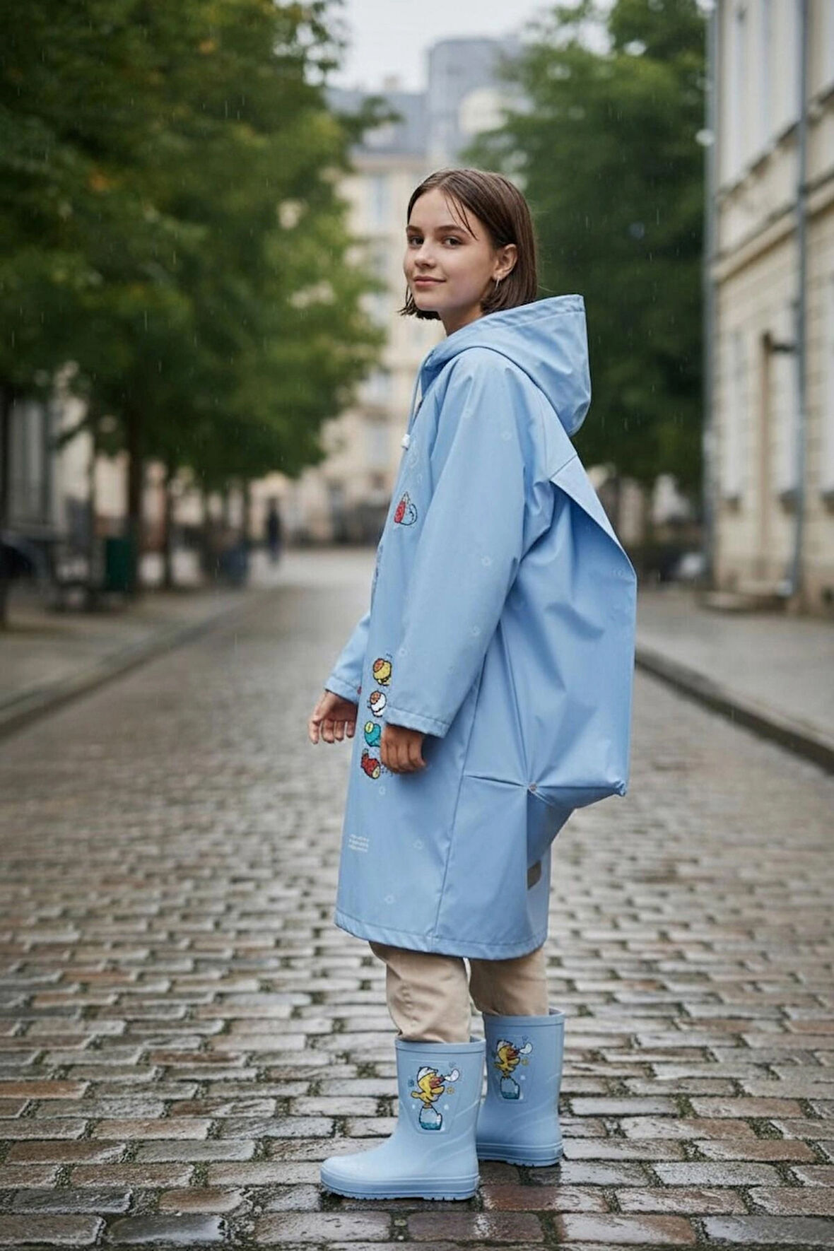 EVA Kumaş Kapüşonlu Desenli Cepsiz Çıtçıtlı Çocuk Yağmurluğu Çanta Koruyuculu Çocuk Yağmurluk