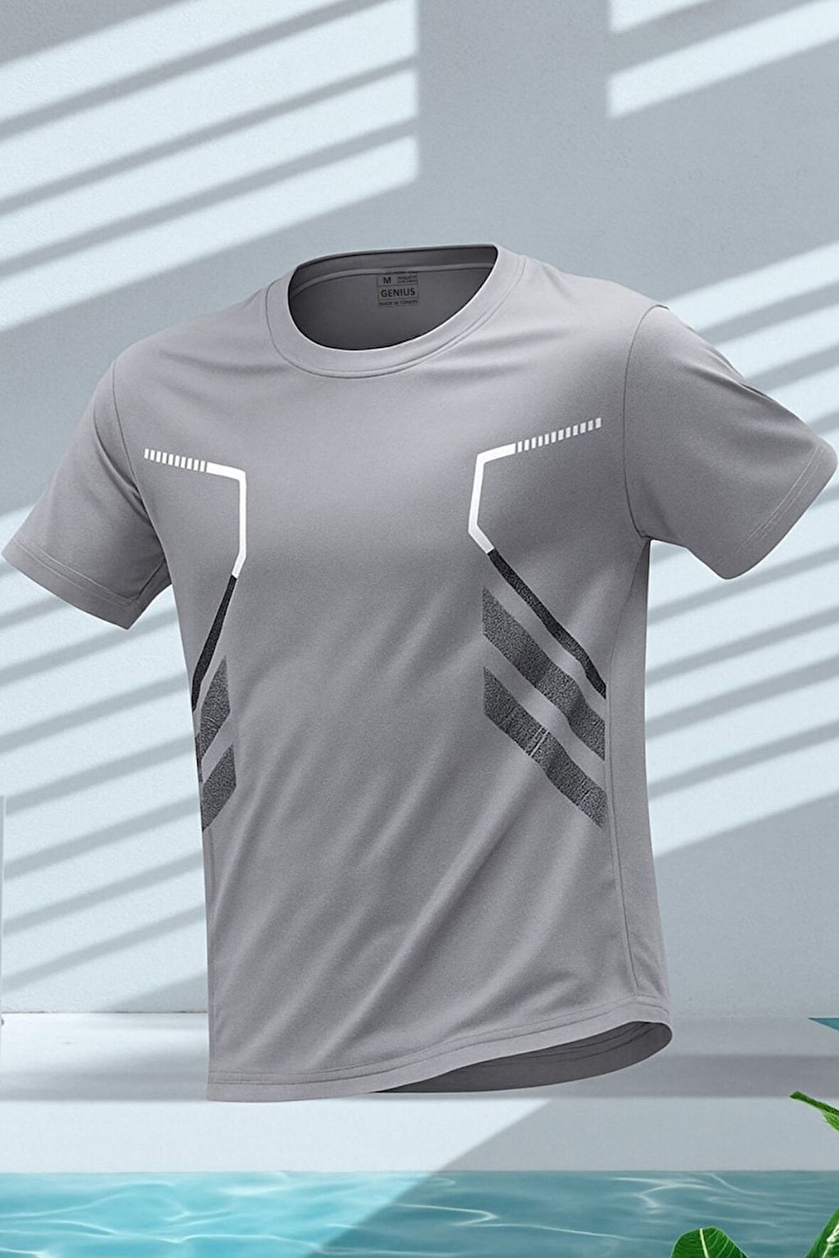 Erkek Spor Tişört Antreman Gym Polyester Erkek Sporcu T-shirt ŞERİTLİ-TİŞÖRT