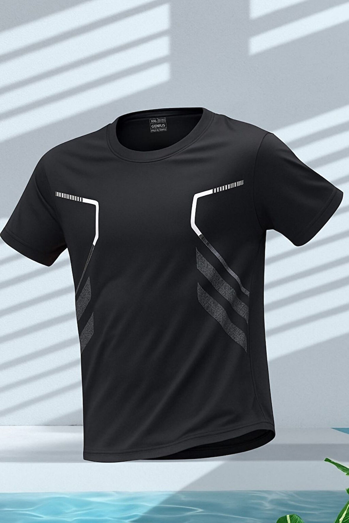Erkek Spor Tişört Antreman Gym Polyester Erkek Sporcu T-shirt ŞERİTLİ-TİŞÖRT