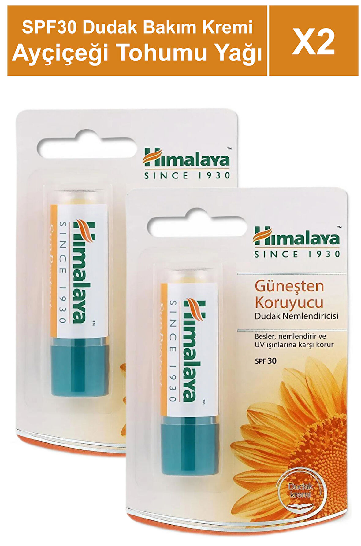 Güneş Koruyucu SPF 30 Dudak Bakım Kremi 4,5 gr 2 Adet | Ayçiçeği Tohumu Yağı | Petrol İçermez