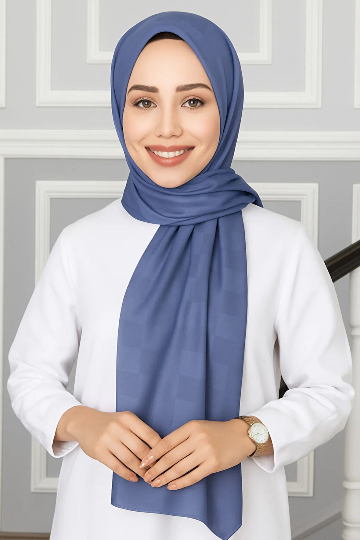 Emproyal Silver Jakar Dama Desenli Şal 75x190 cm