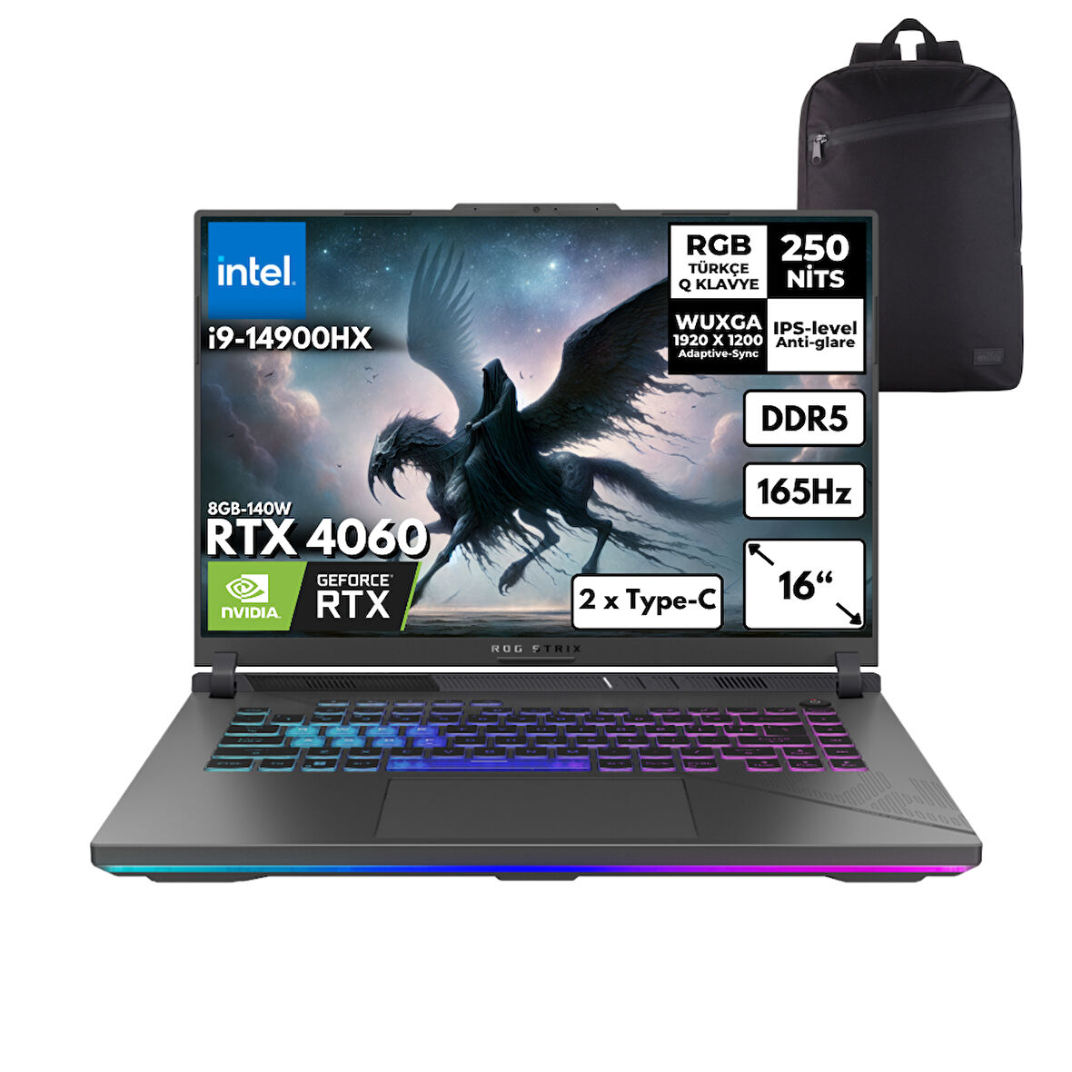 Asus Rog Strix G16 i9-14900HX 40-GBDDR5 512 GBSSD RTX4060 (8GB-140W) 16" WUXGA Freedos + HMF Sırt Çantası G614JVR-N3095HMF24