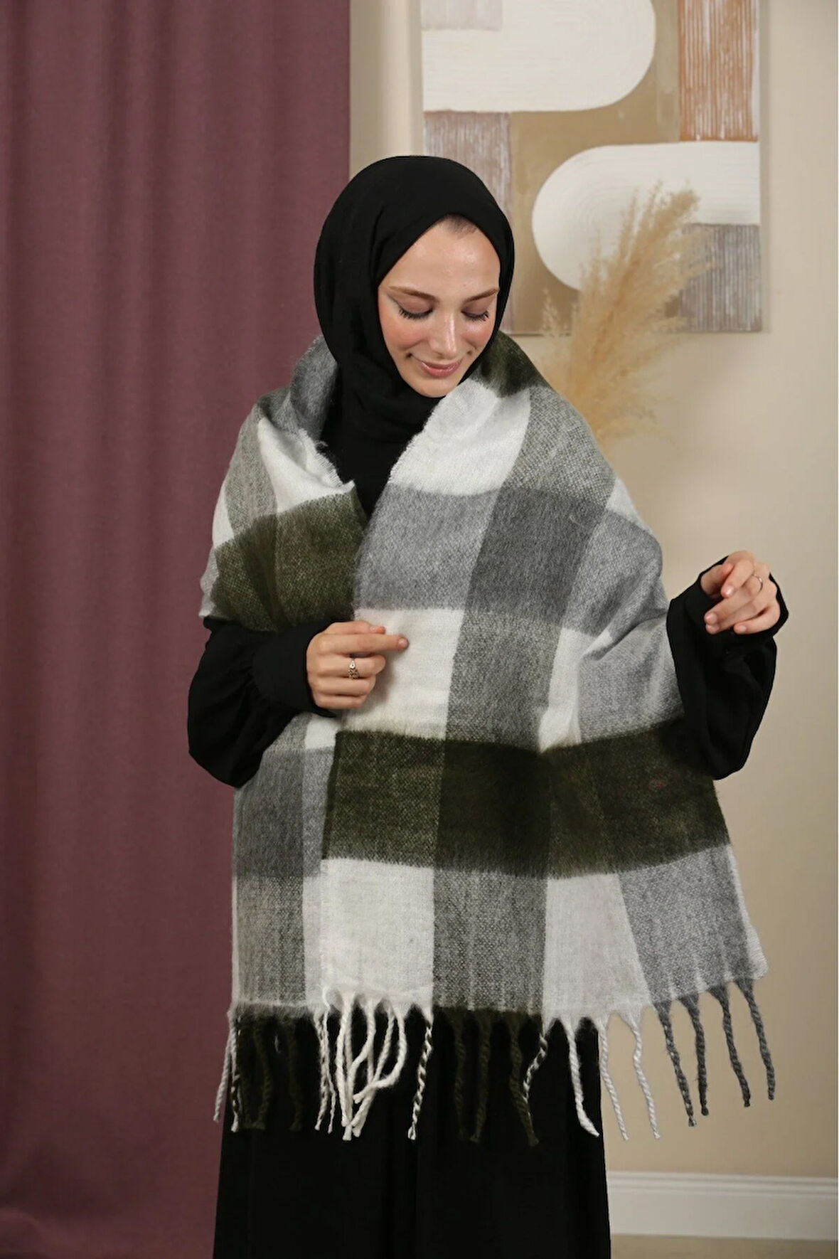 Çift Taraflı Ekose Kışlık Omuz Şalı