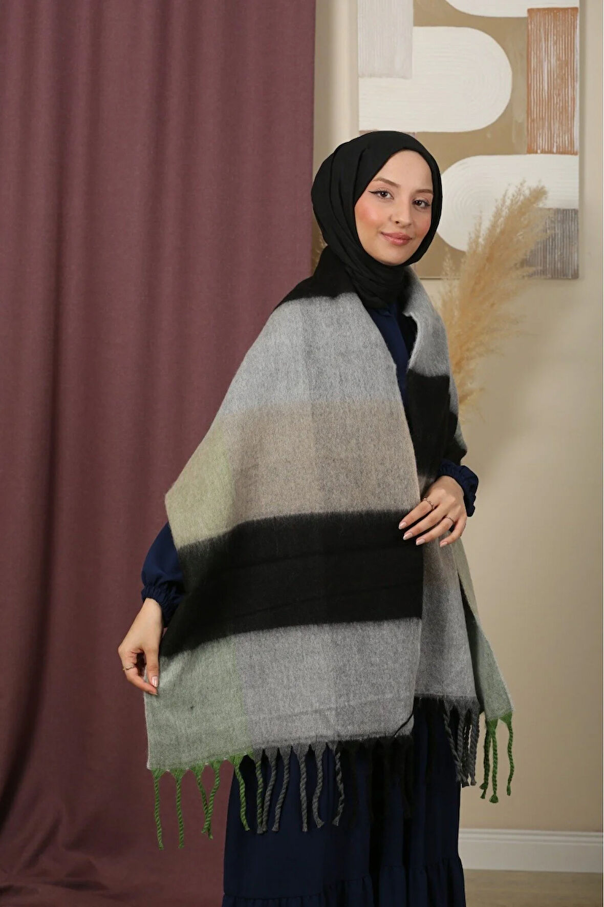 Çift Taraflı Ekose Kışlık Omuz Şalı