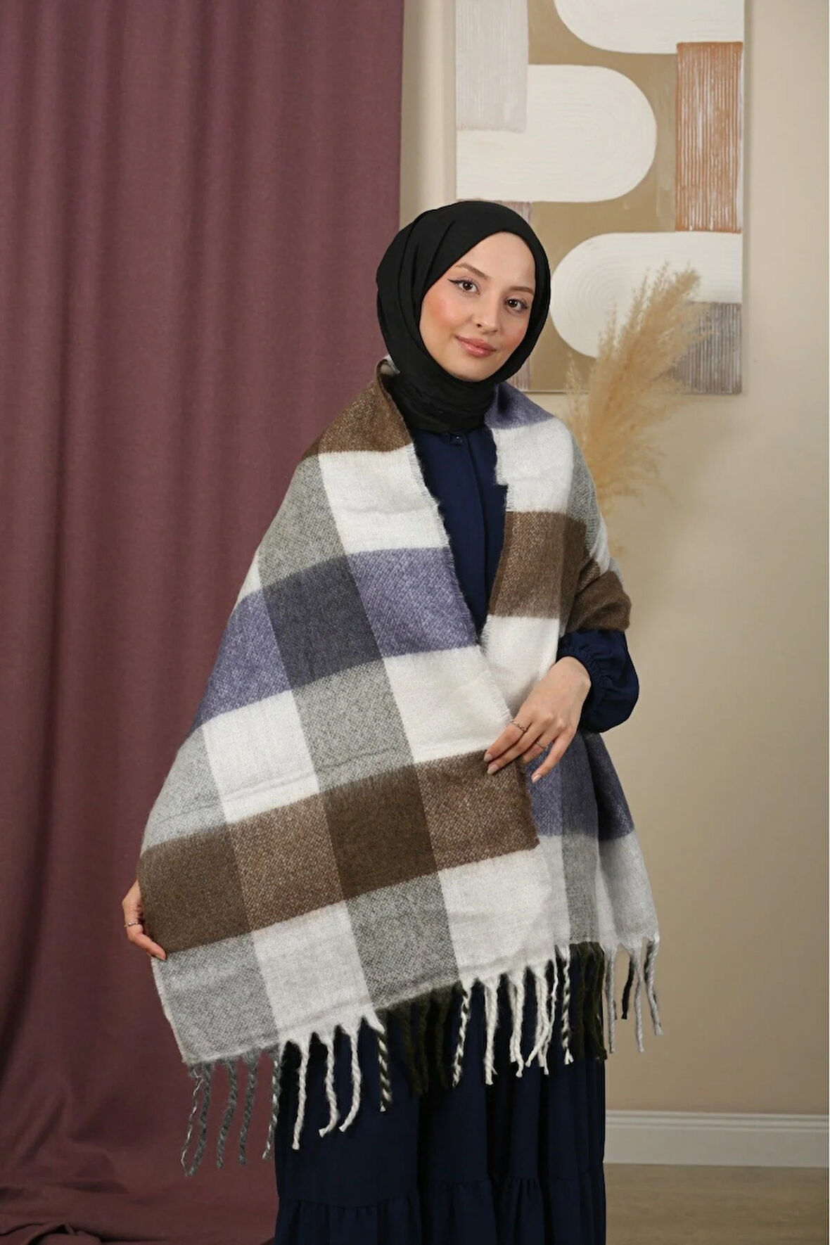 Çift Taraflı Ekose Kışlık Omuz Şalı