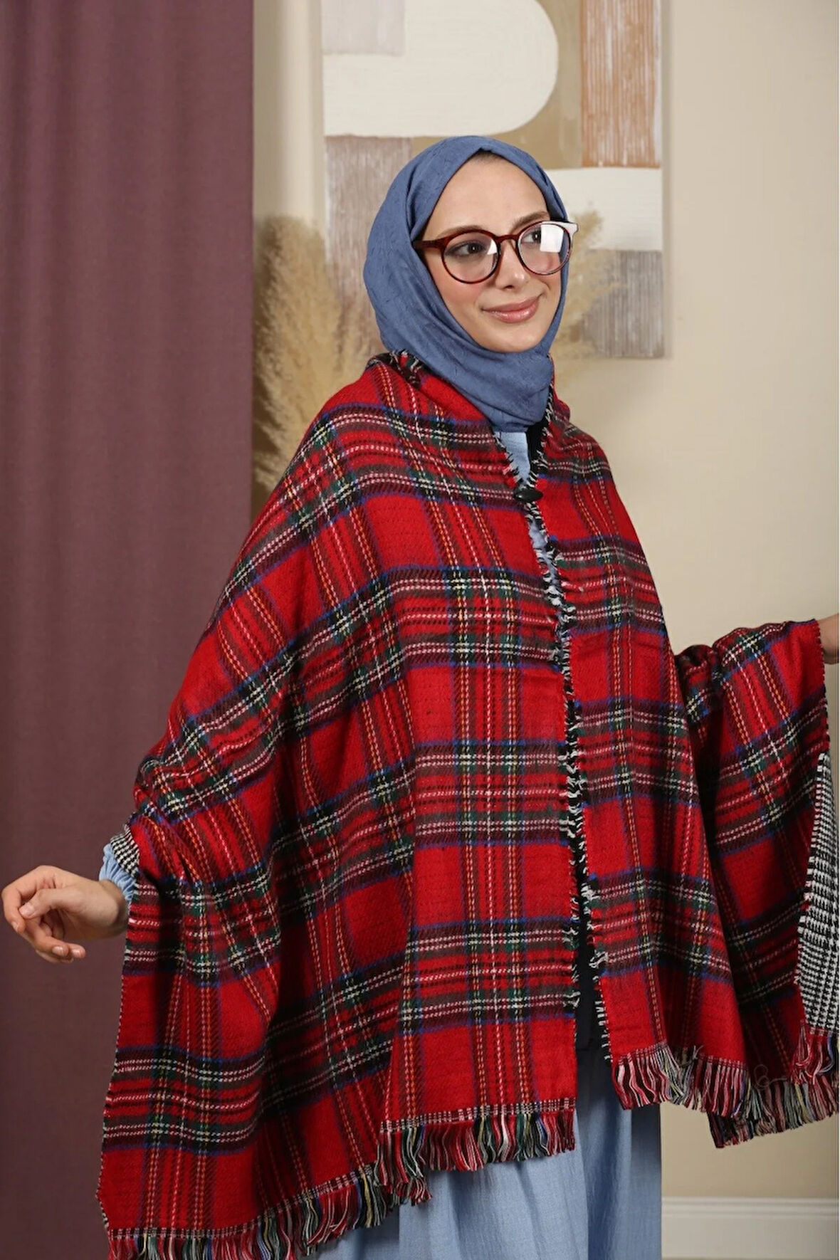 Çift Taraflı Ekose Kışlık Omuz Şalı