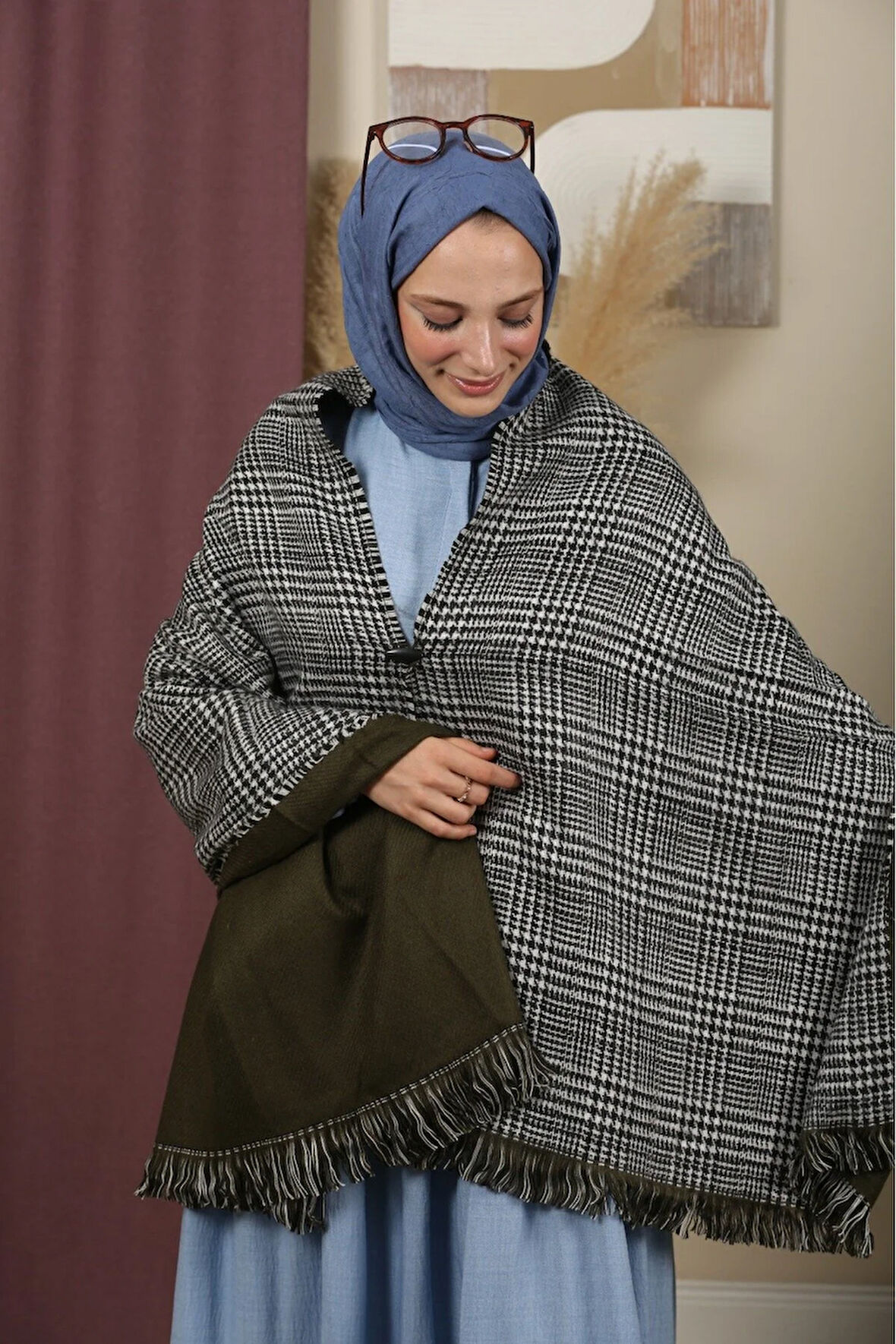 Çift Taraflı Ekose Kışlık Omuz Şalı