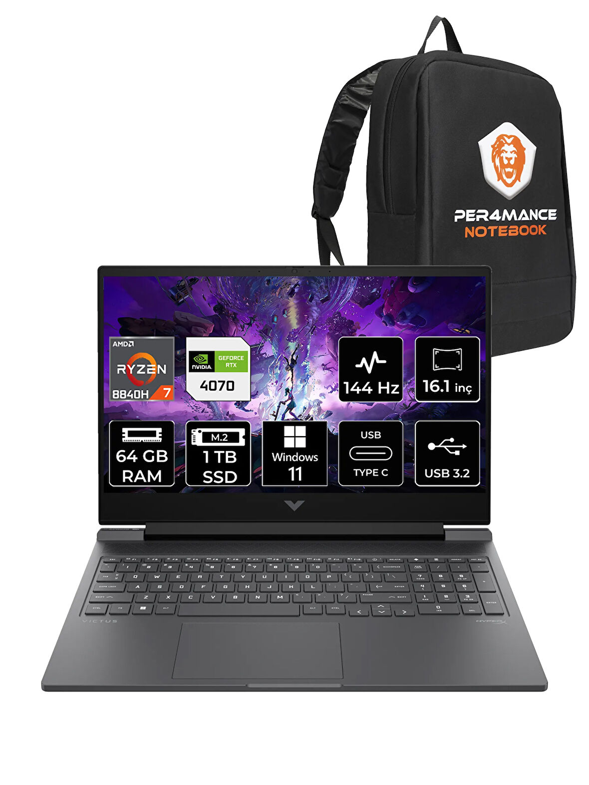 HP VİCTUS 16 R7 8840H 64GB 1TB SSD RTX4070/8GB 144HZ 16.1'' FHD W11H A05N6EA & PER4 ÇANTA