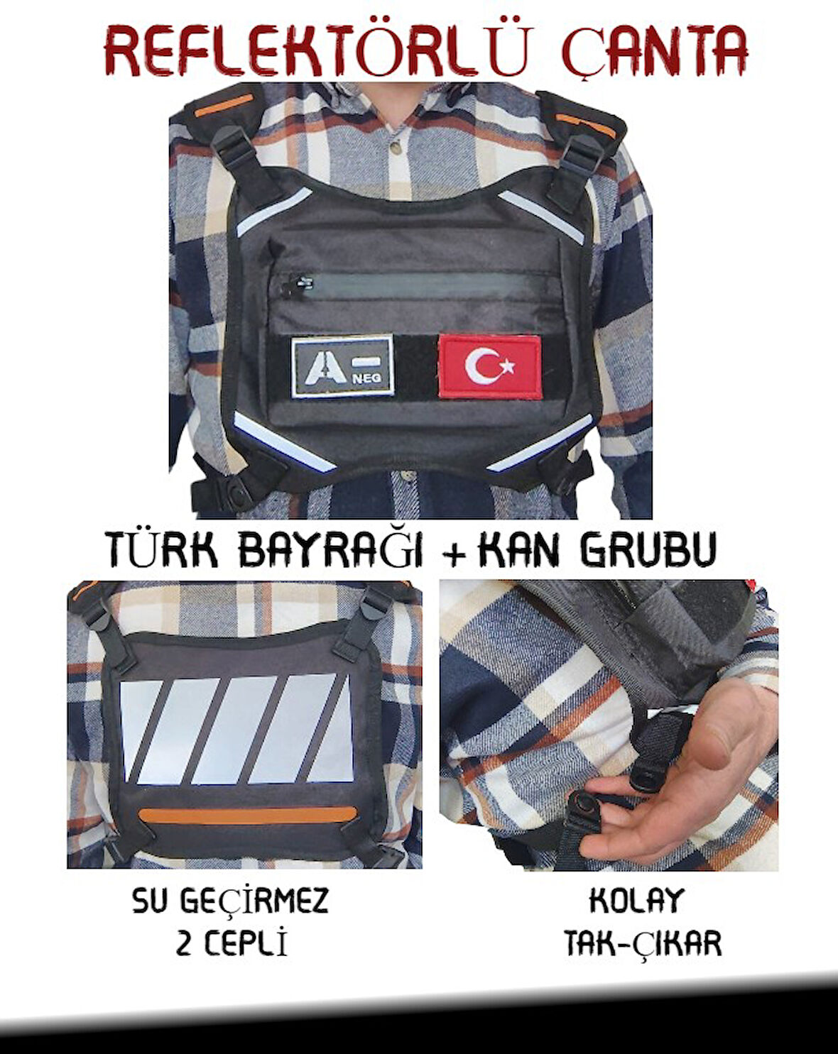 Reflektörlü Gögüs Çantası Kan Grubu A- Türk Bayrağı Su Geçirmez Gri Turuncu