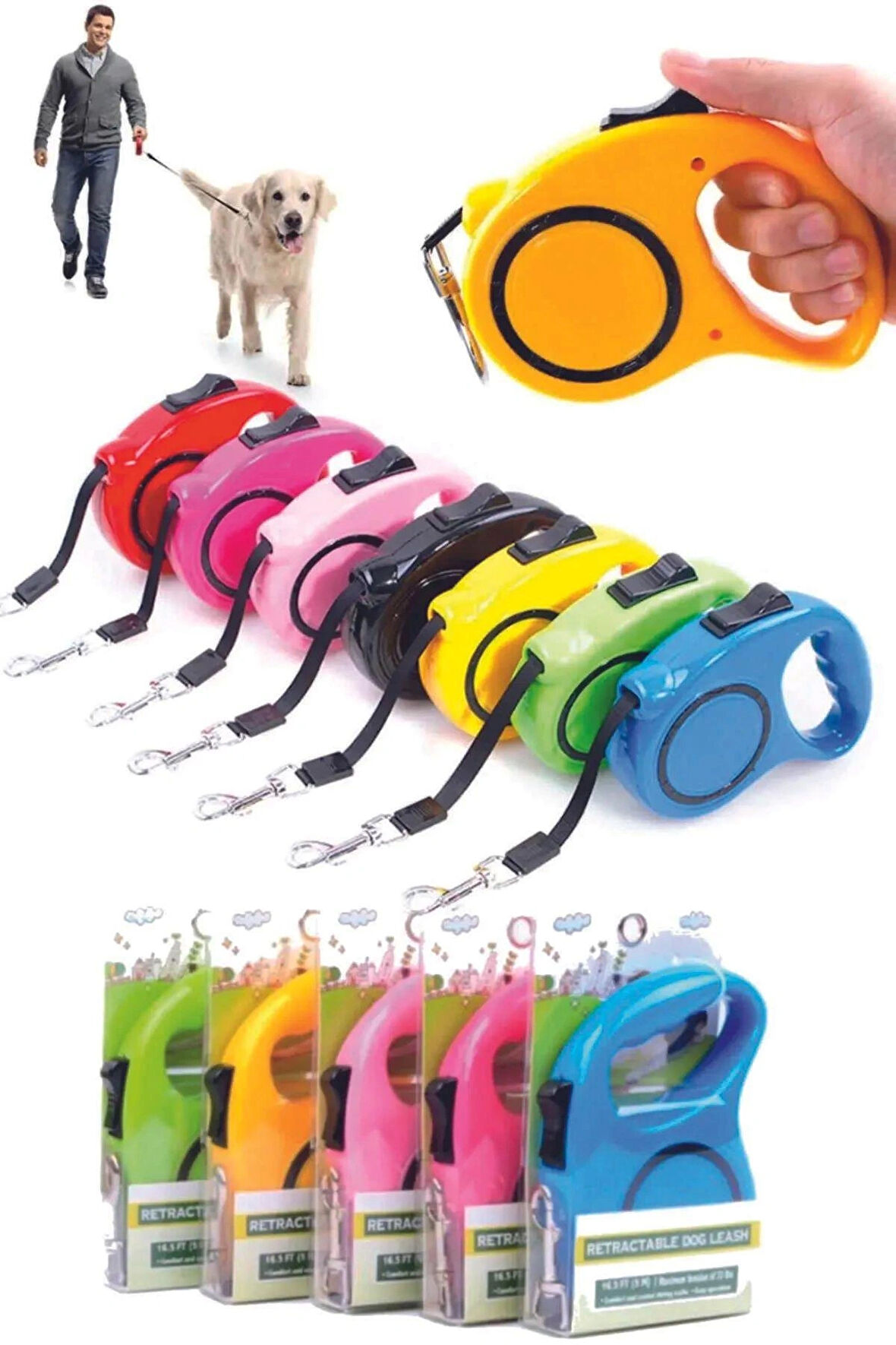Otomatik Makaralı Köpek Gezdirme Tasması Kilitlenebilen 5 Metre Aparatı Kayış Tasma 1 Adet