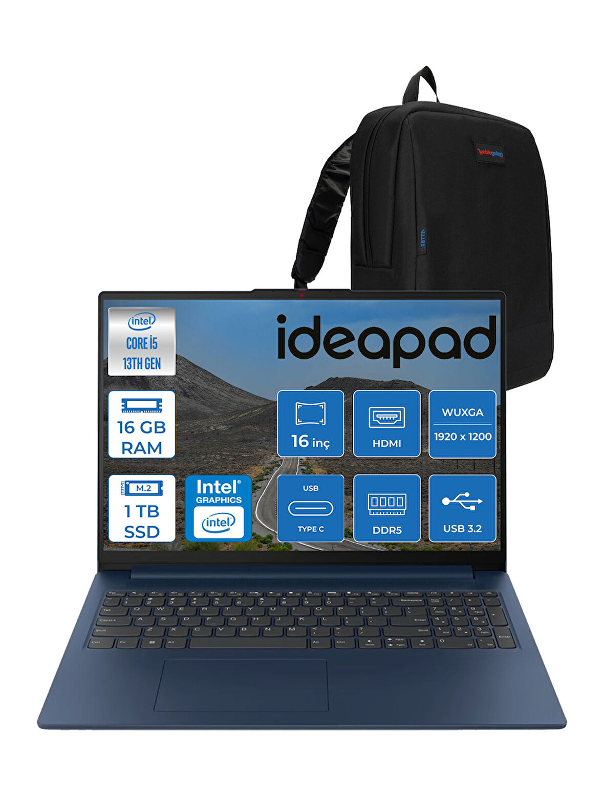 Lenovo Ideapad Slim 3 16IRH10 Intel Core I5 13420H 16GB 1tb SSD Freedos 16" Wuxga (1920X1200) IPS 300NITS Taşınabilir Bilgisayar 83K2001RTRF02 + Zetta Çanta