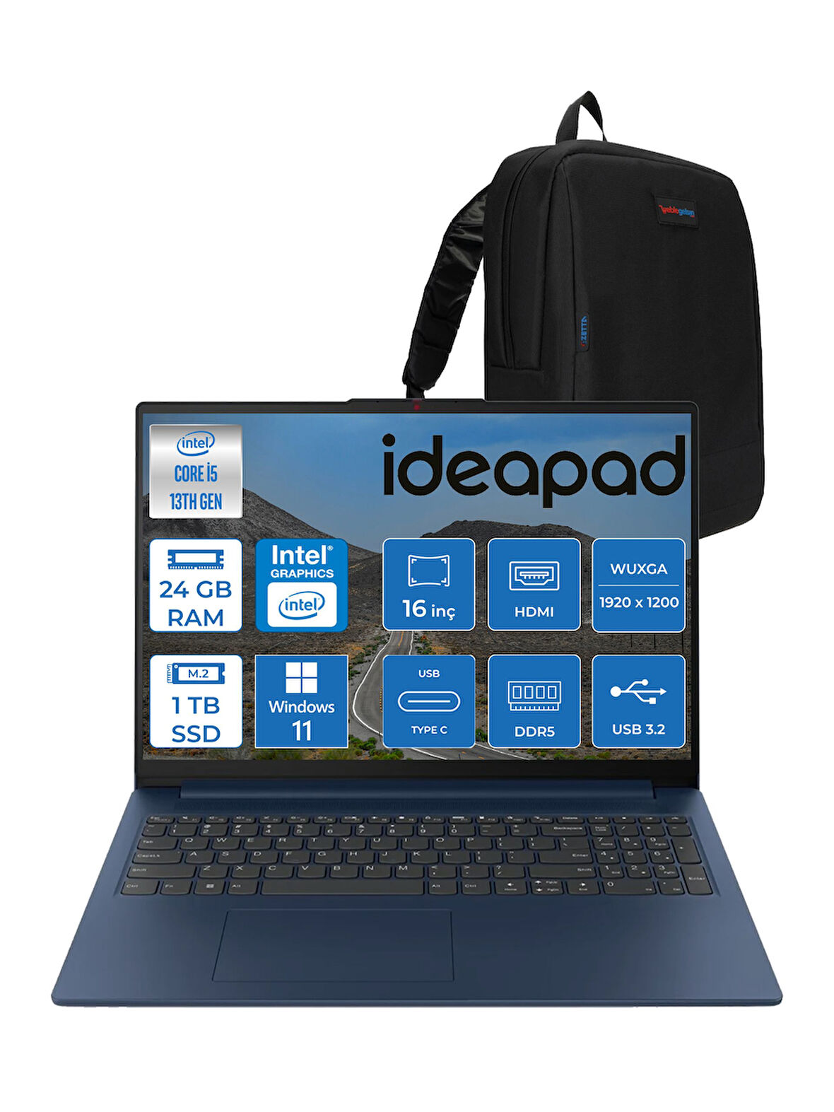 Lenovo Ideapad Slim 3 16IRH10 Intel Core I5 13420H 24GB 1tb SSD Windows 11 Pro 16" Wuxga (1920X1200) IPS 300NITS Taşınabilir Bilgisayar 83K2001RTRP05 + Zetta Çanta