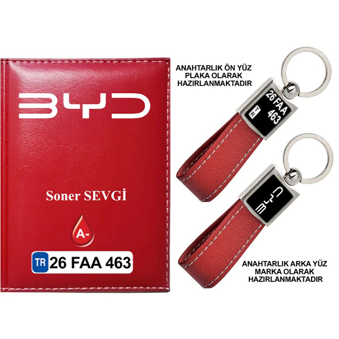 Plakanıza Özel  BYD Logolu Kırmızı Ruhsat Kabı ve Anahtarlık