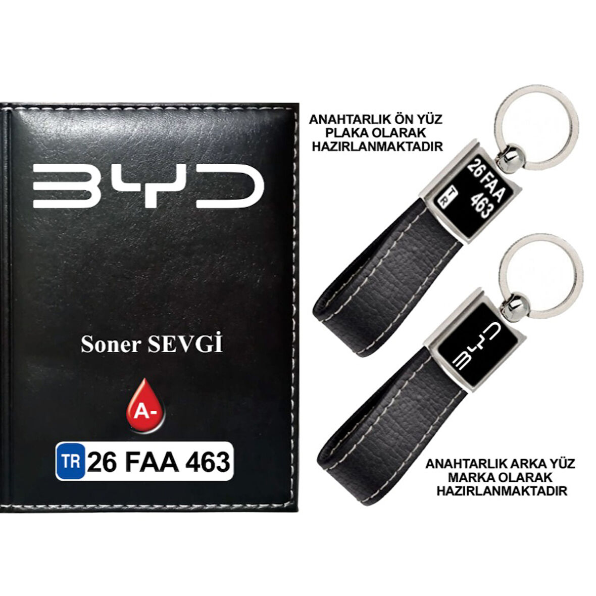 Plakanıza Özel  BYD Logolu Siyah Ruhsat Kabı ve Anahtarlık
