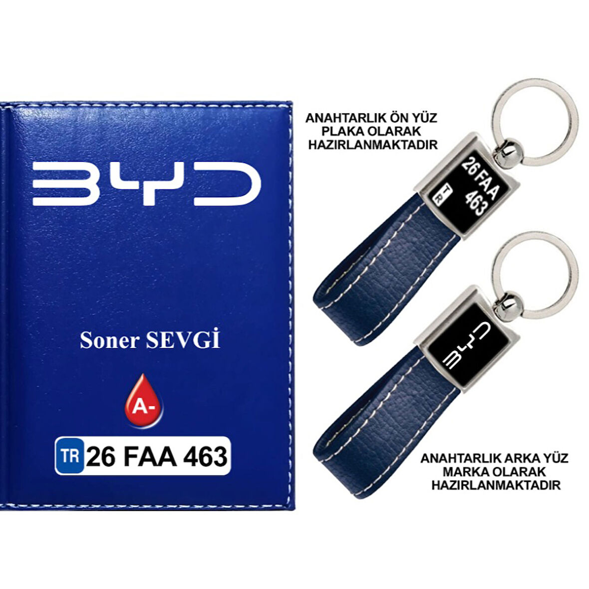 Plakanıza Özel  BYD Logolu Lacivert Ruhsat Kabı ve Anahtarlık
