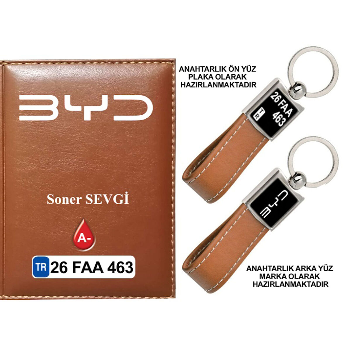 Plakanıza Özel  BYD Logolu Taba Ruhsat Kabı ve Anahtarlık