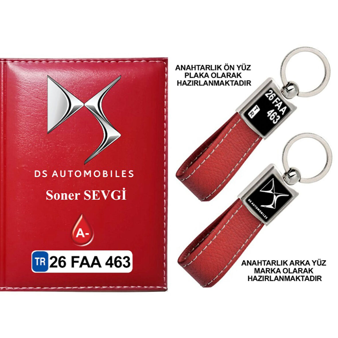 Plakanıza Özel DS Automobiles Logolu Kırmızı Ruhsat Kabı ve Anahtarlık