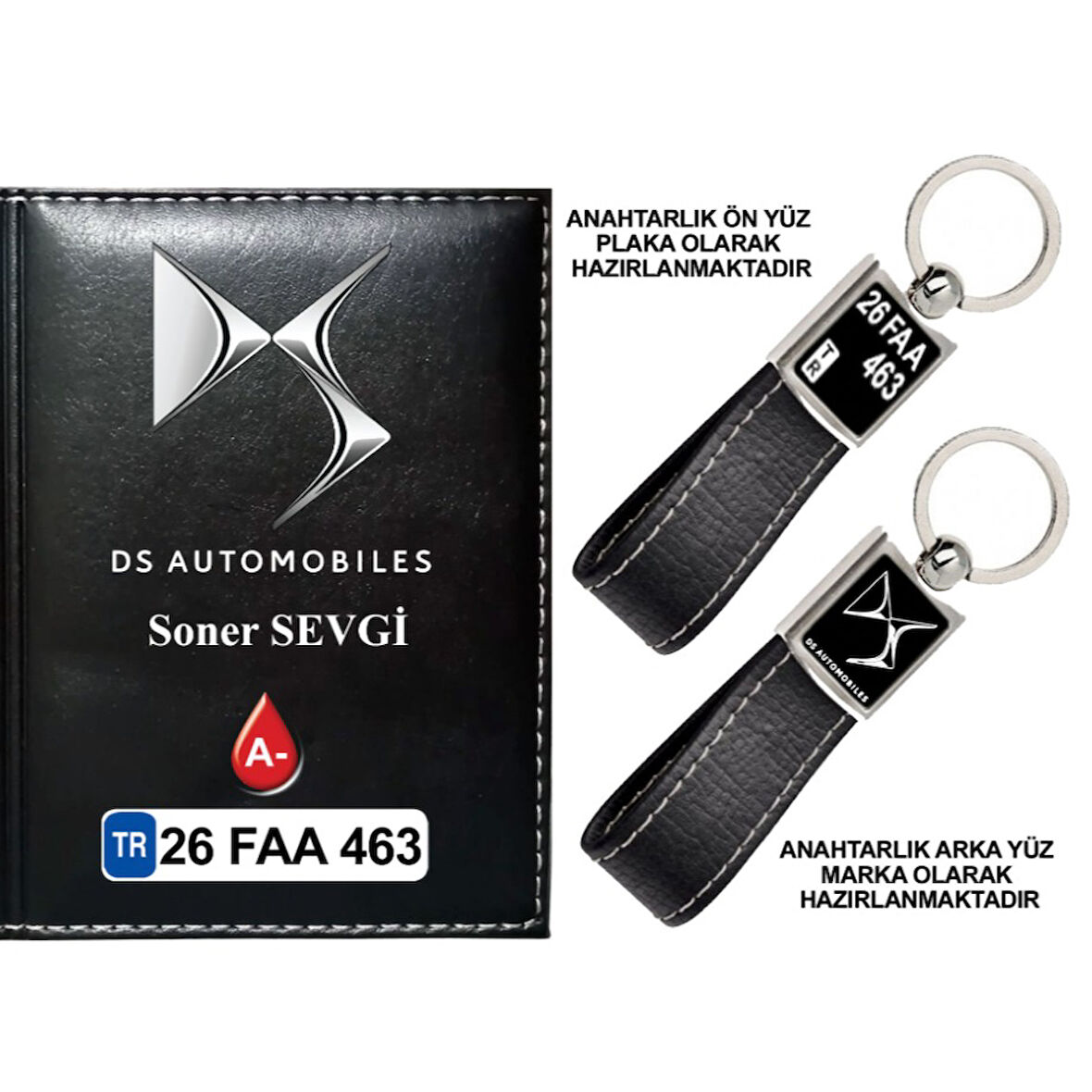 Plakanıza Özel DS Automobiles Logolu Siyah Ruhsat Kabı ve Anahtarlık