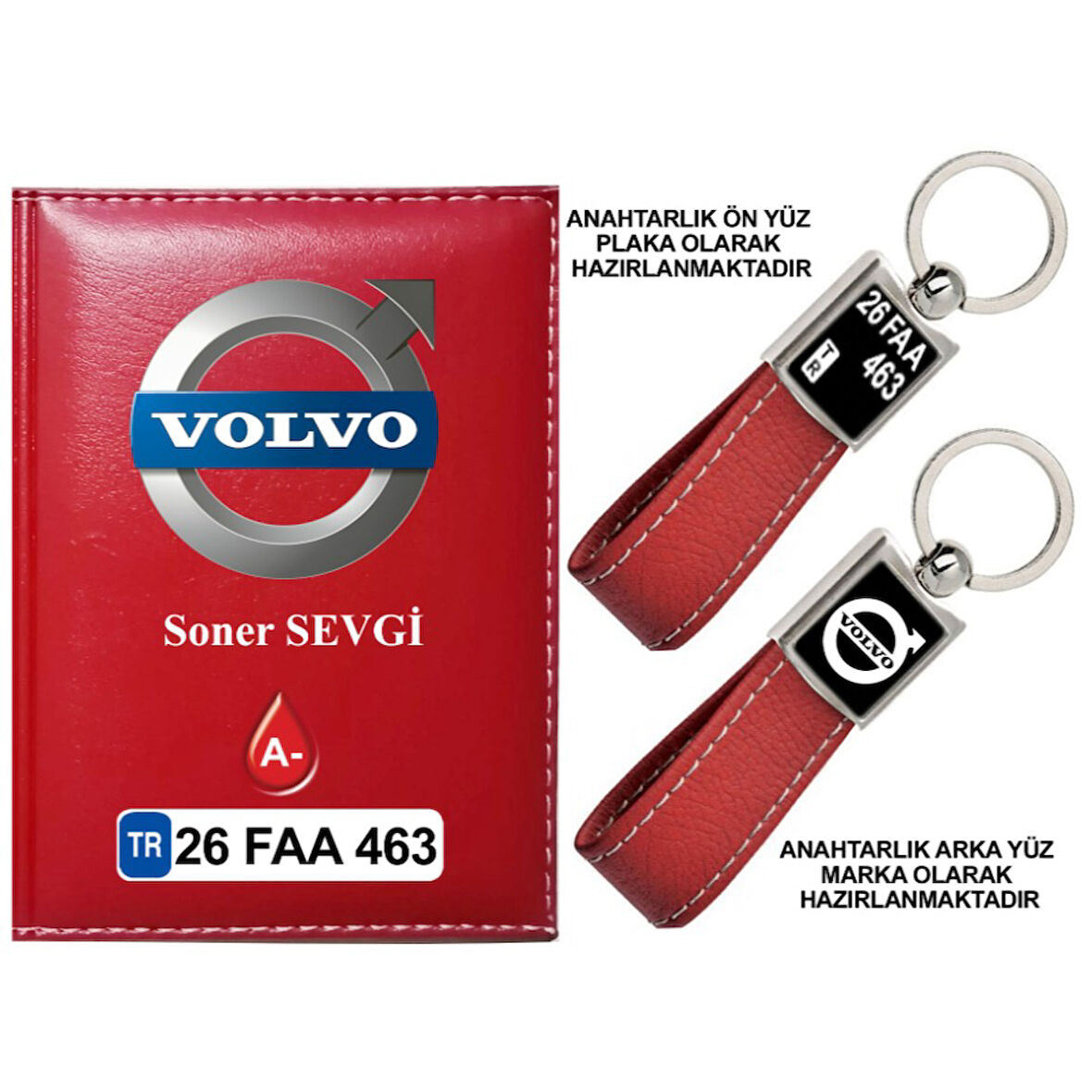 Plakanıza Özel Volvo Logolu Kırmızı Ruhsat Kabı ve Anahtarlık