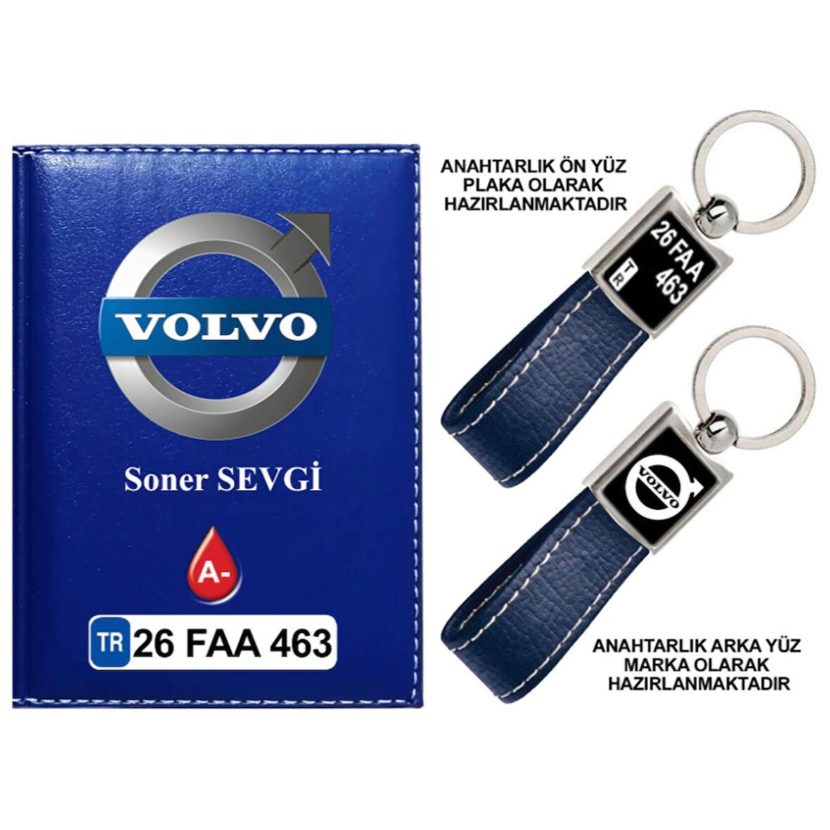 Plakanıza Özel Volvo Logolu Lacivert Ruhsat Kabı ve Anahtarlık
