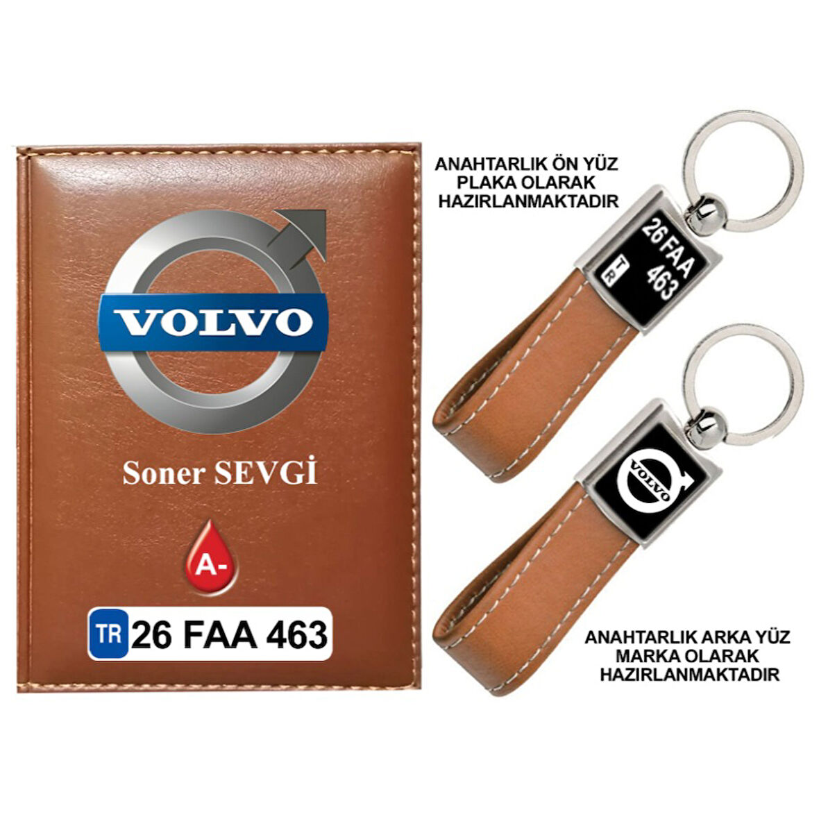 Plakanıza Özel Volvo Logolu Taba Ruhsat Kabı ve Anahtarlık