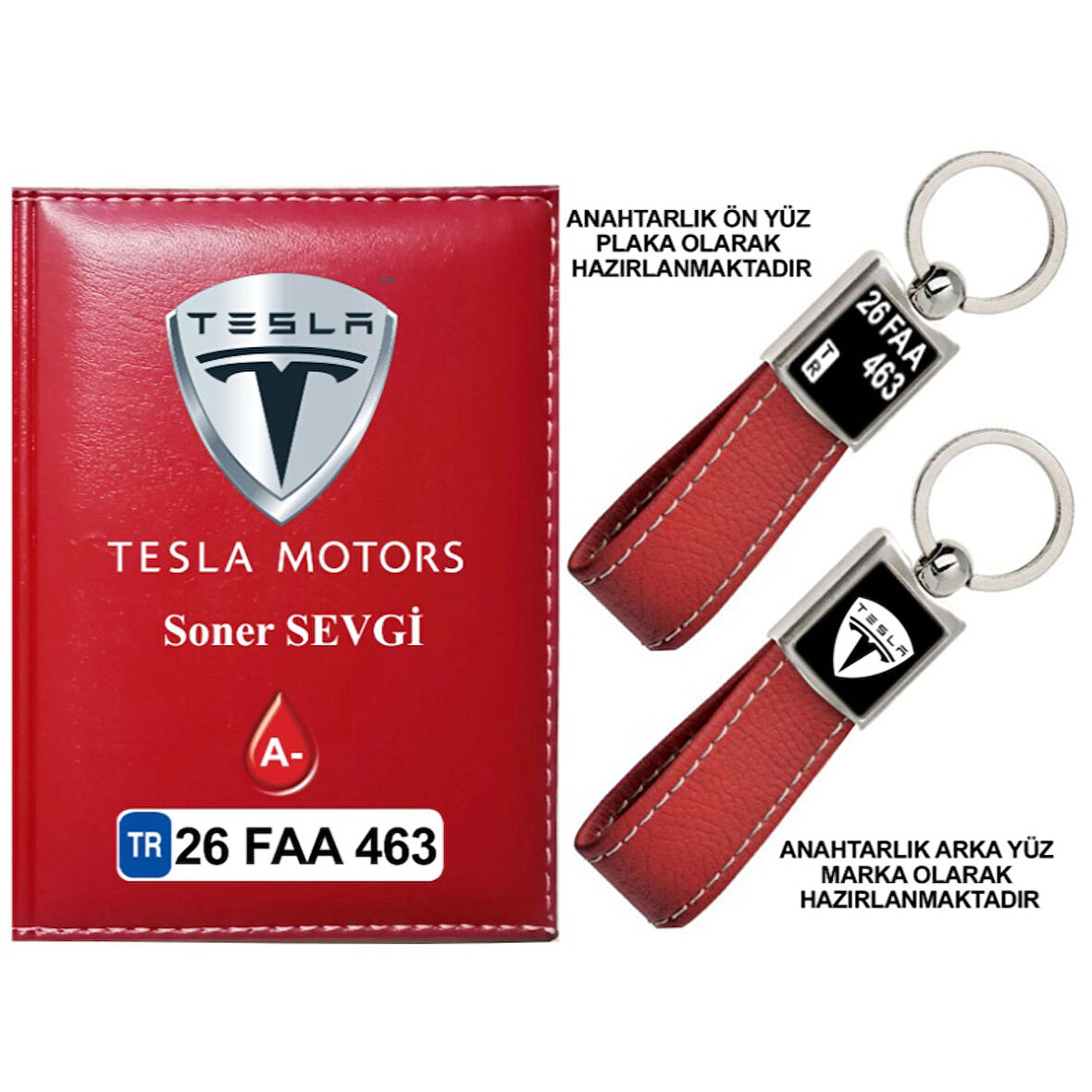 Plakanıza Özel Tesla Logolu Kırmızı Ruhsat Kabı ve Anahtarlık
