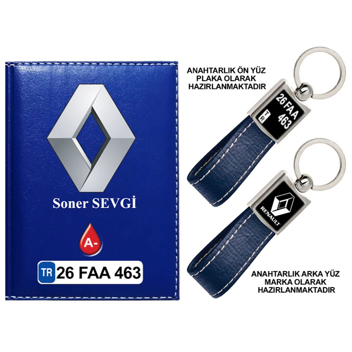 Plakanıza Özel Renault Logolu Lacivert Ruhsat Kabı ve Anahtarlık