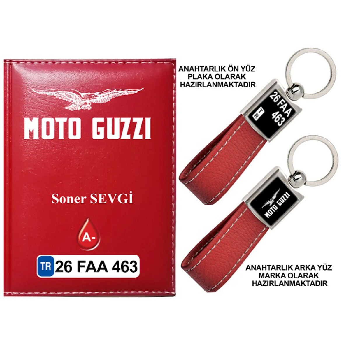 Plakanıza Özel Motoguzzi Logolu Kırmızı Ruhsat Kabı ve Anahtarlık